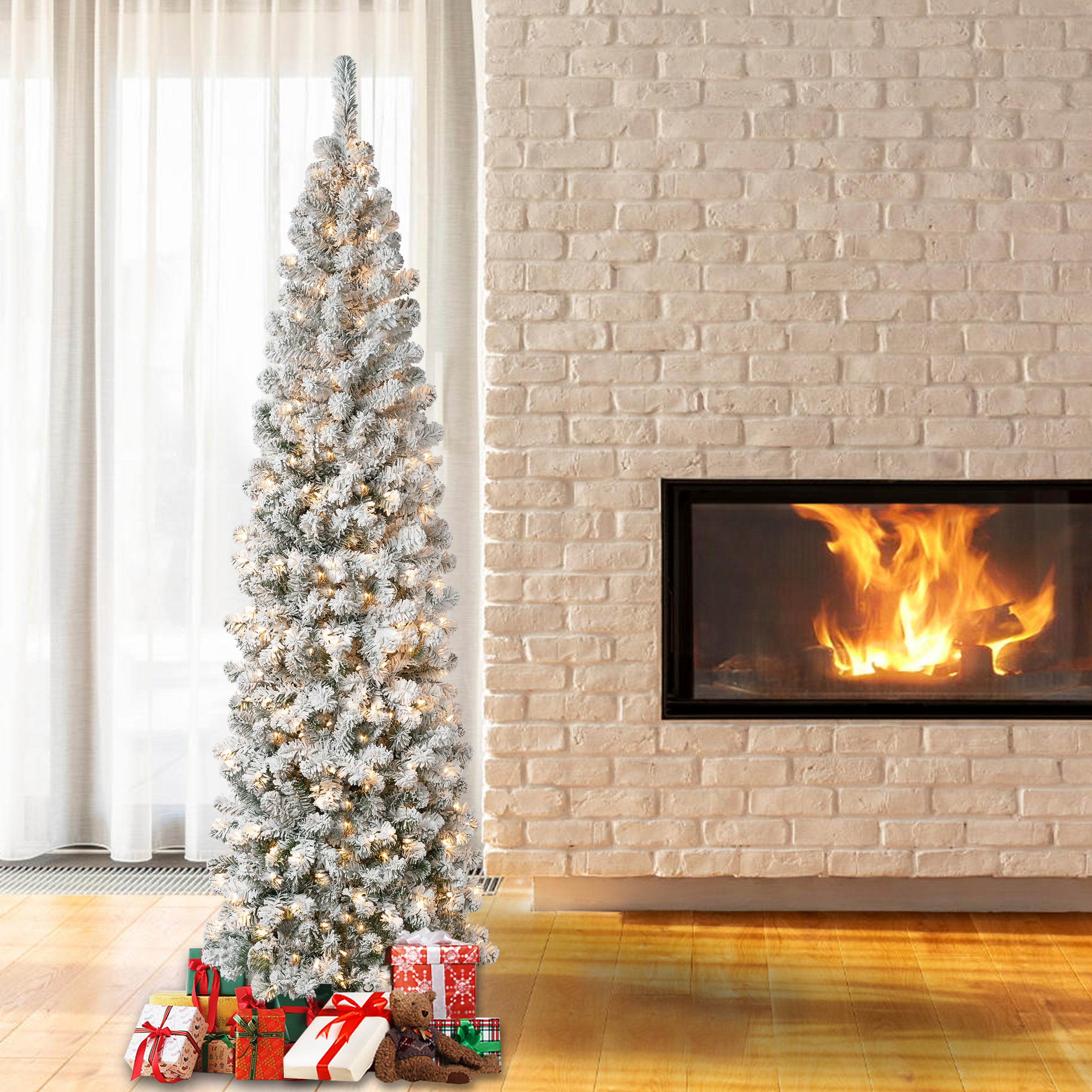7.5 ft Pre-Lit Acacia Pencil Slim Flocked Artificial Christmas Tree with Clear LED Lights - Perfect for Small Spaces, Apartments & Holiday Home Decor