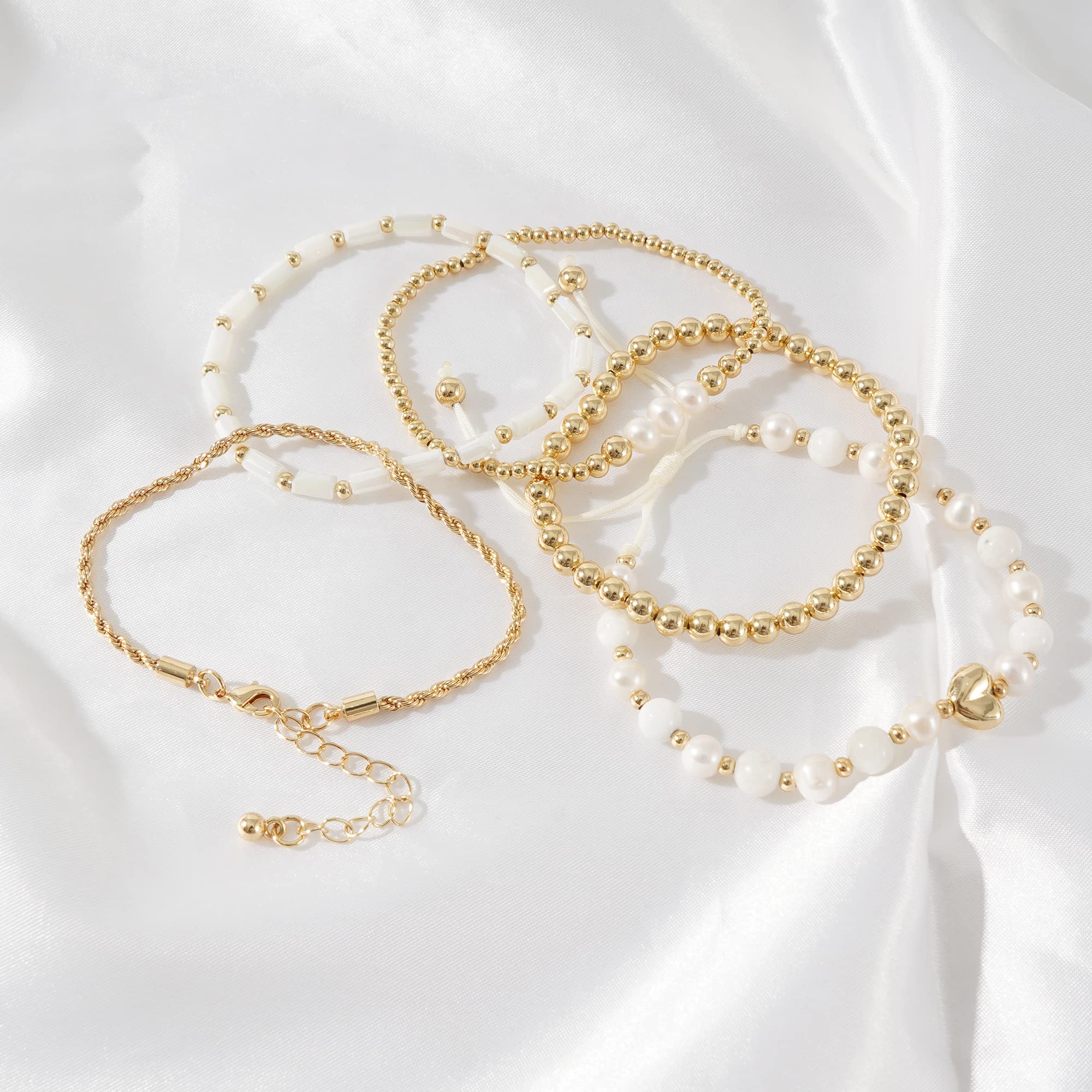 GOOJIDS Tiny Pearl Gold Heart Beaded Bracelets for Women - Dainty Gold Plated Pearls Stackable Layered Beads Bracelet Gift Set for Mom, Birthday, Mother's Day | Perfect for Everyday Wear, Special Occasions & Gift Giving