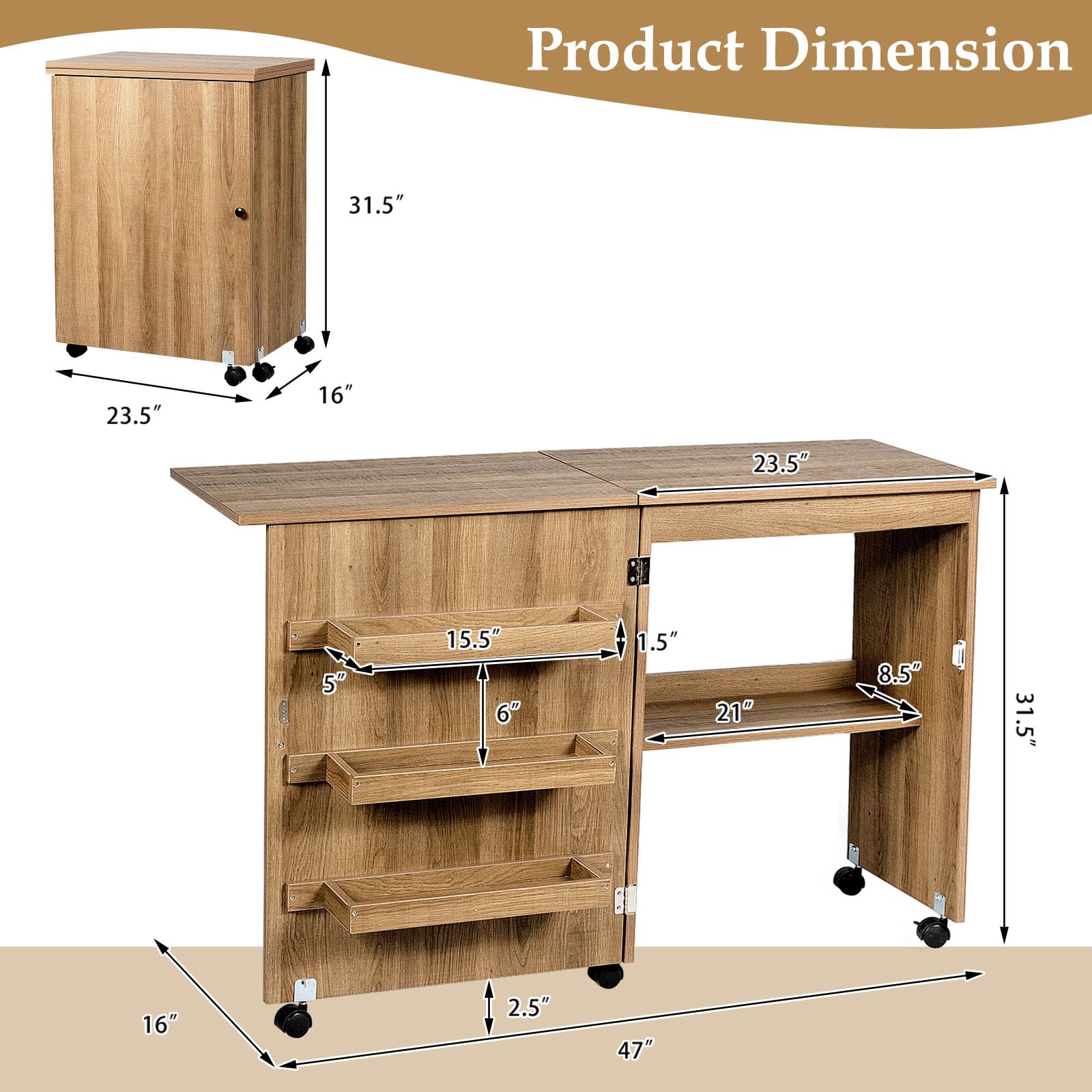COSTWAY Folding Sewing Table with Lockable Wheels - Multipurpose Craft Station Desk & Display Cabinet with Storage Shelves - Rolling Sewing Machine Table for Home, Apartment (Natural Finish) | Perfect for Quilting, DIY Projects & Small Space Organization