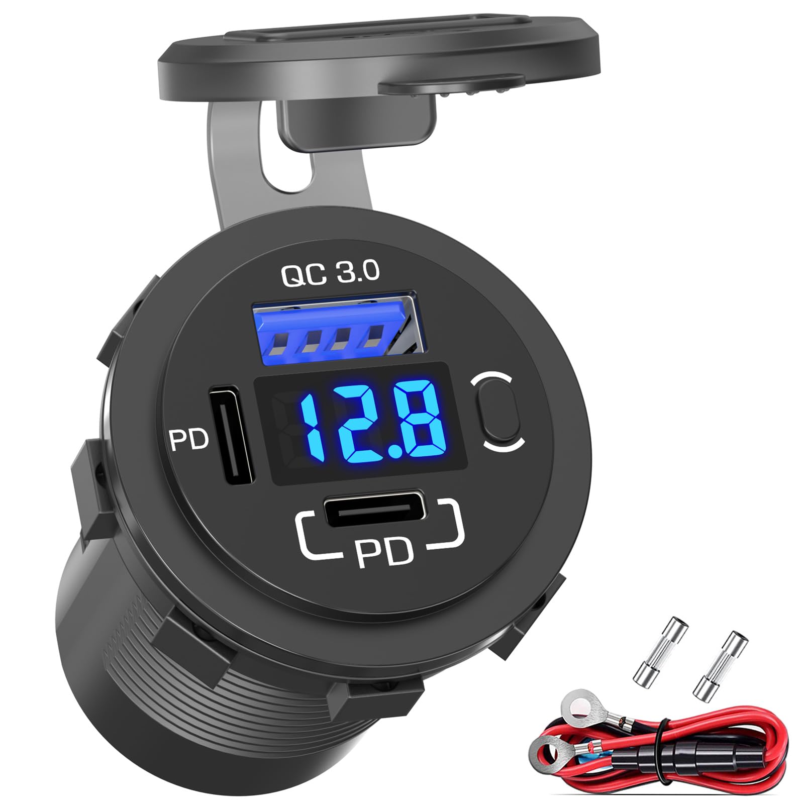 12V USB Outlet Dual PD 30W & QC3.0 18W Fast Car Charger with Voltmeter - Waterproof USB C Power Socket for Car, Boat, RV, Marine - Perfect for Road Trips, Camping & Charging Phones, Tablets