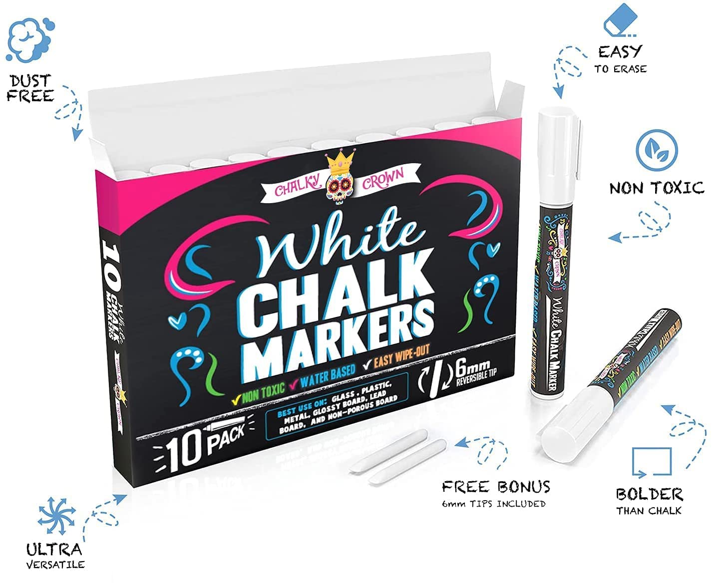 CHALKY CROWN Liquid Chalk Markers - 10 Pack White Dry Erase Pens with 6mm Reversible Tip for Chalkboard, Blackboard, Windows & Glass - Perfect for Restaurant Signs, Classroom Teaching, Retail Displays & DIY Projects