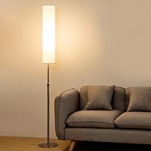 Modern LED Floor Lamp with Cylinder Fabric Shade - Minimalist White Standing Light for Living Room, Bedroom & Hotel - Perfect for Reading, Bedside Nightstand & Ambient Lighting