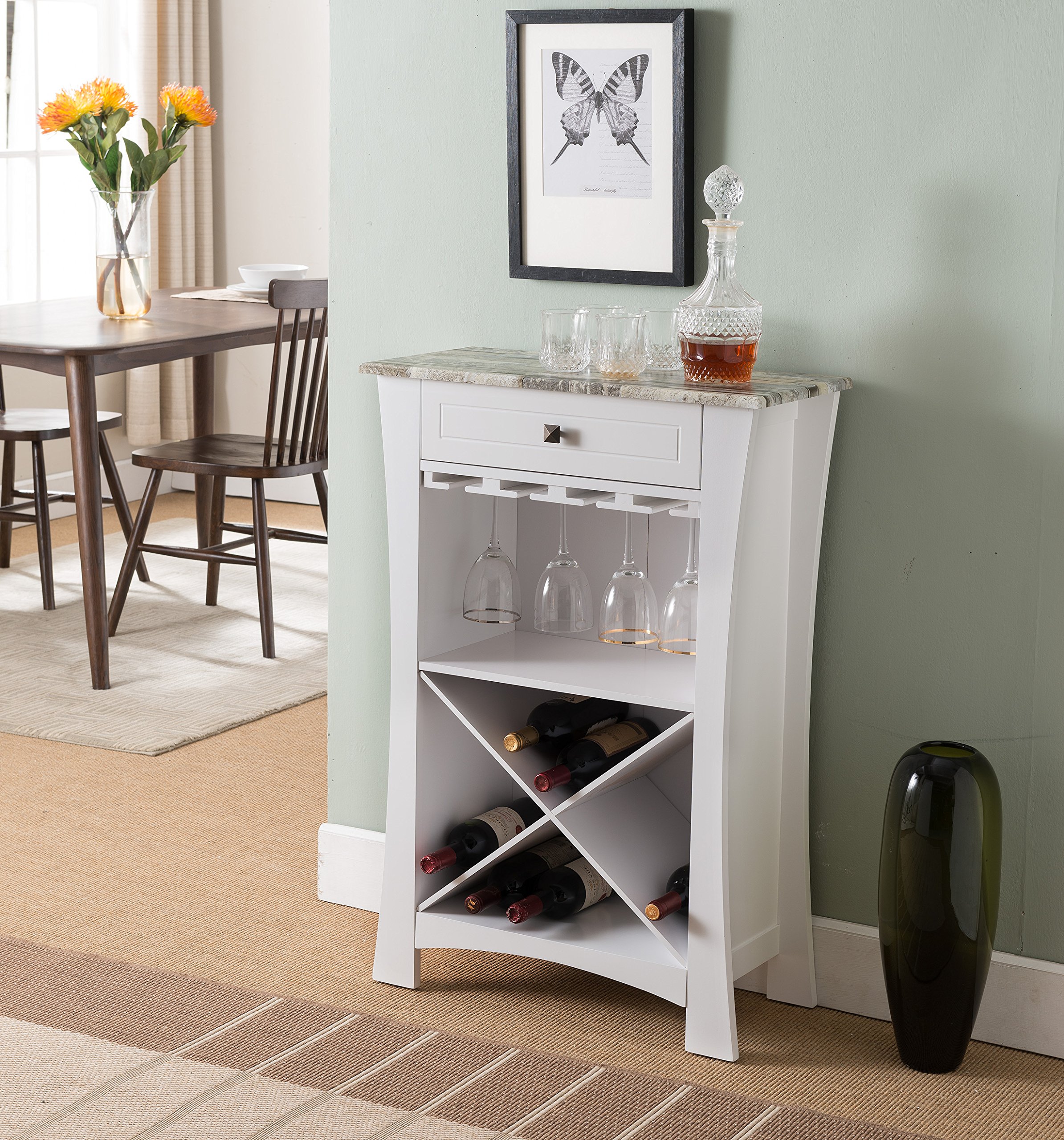 Hiland White Bar Cabinet with Wine Storage, Glass Holders & Drawer - Perfect for Home Bar, Dining Room or Kitchen Organization