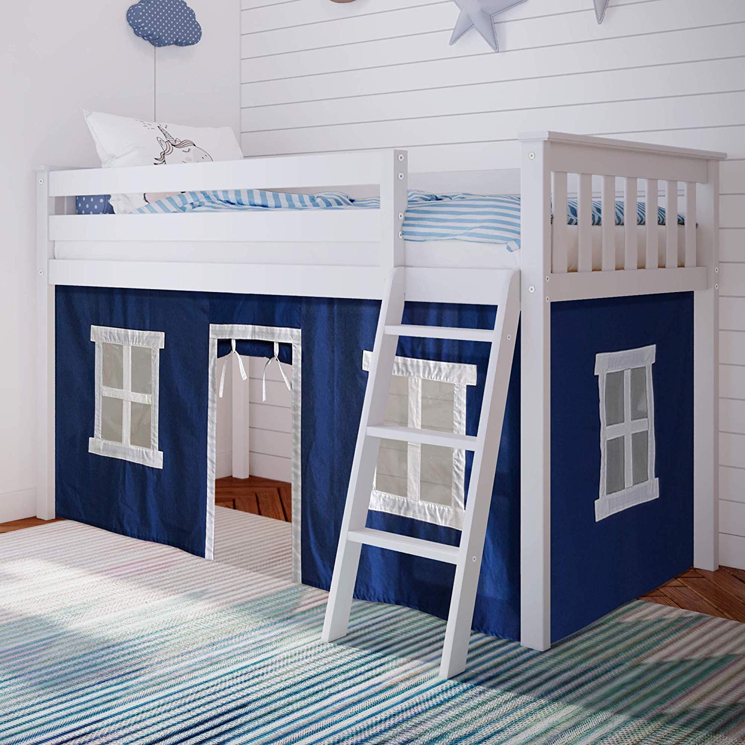 Max & Lily Low Loft Twin Bed Frame for Kids with Play Curtains - White & Blue - Space-Saving Kids Bedroom Furniture for Small Rooms & Play Areas