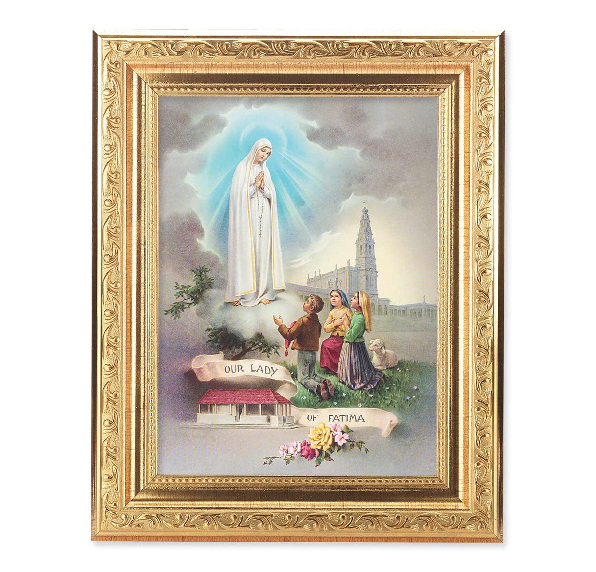 Our Lady of Fatima Framed Wall Art - Gold Leaf Antique Finish with Acanthus Leaf Detail - Religious Home Decor for Living Room, Bedroom & Prayer Space