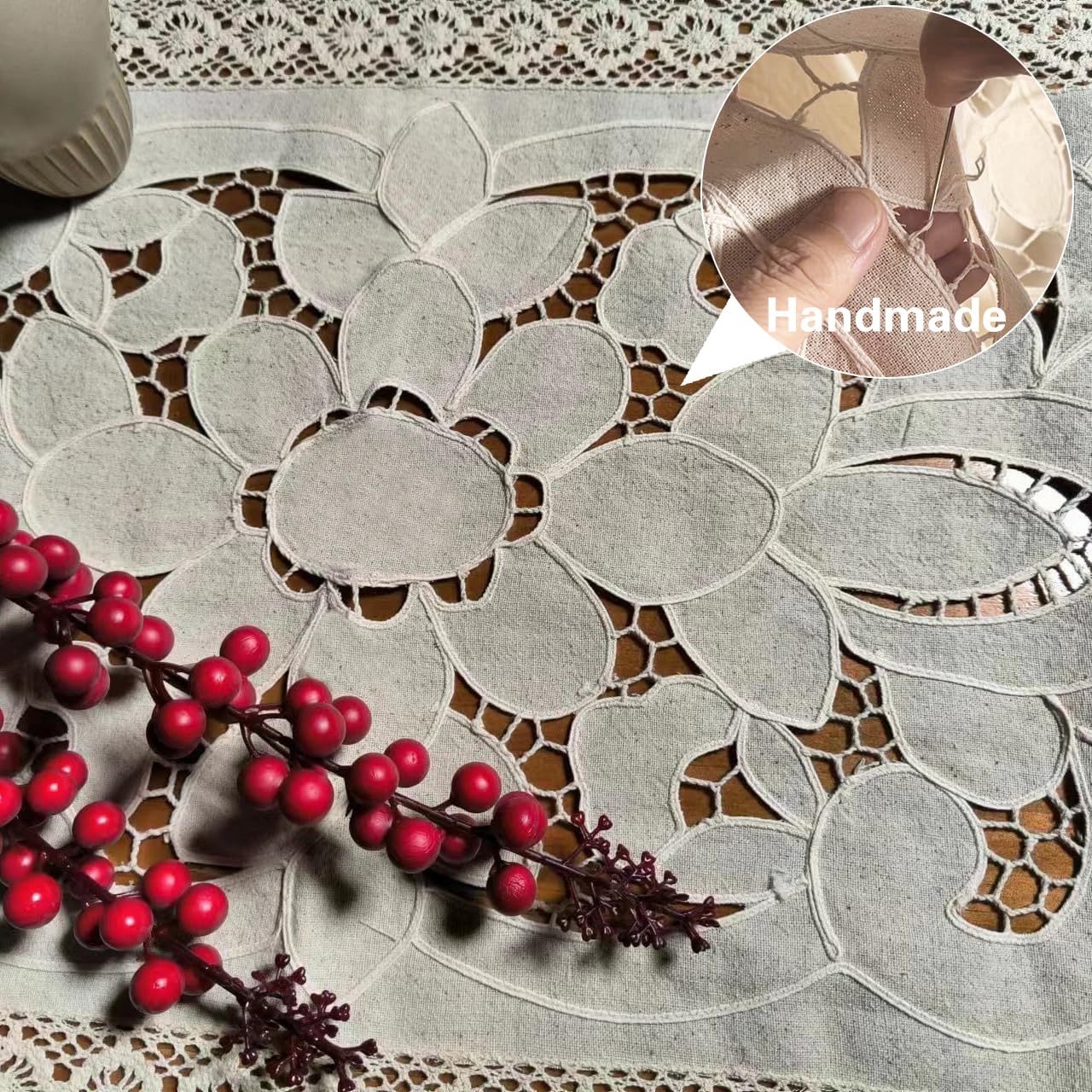 Handmade Cotton Crochet Lace Table Runner - 16x36 Inch Beige Peony Design for Coffee Tables, Dining Tables, Wedding Decor & Home Decor