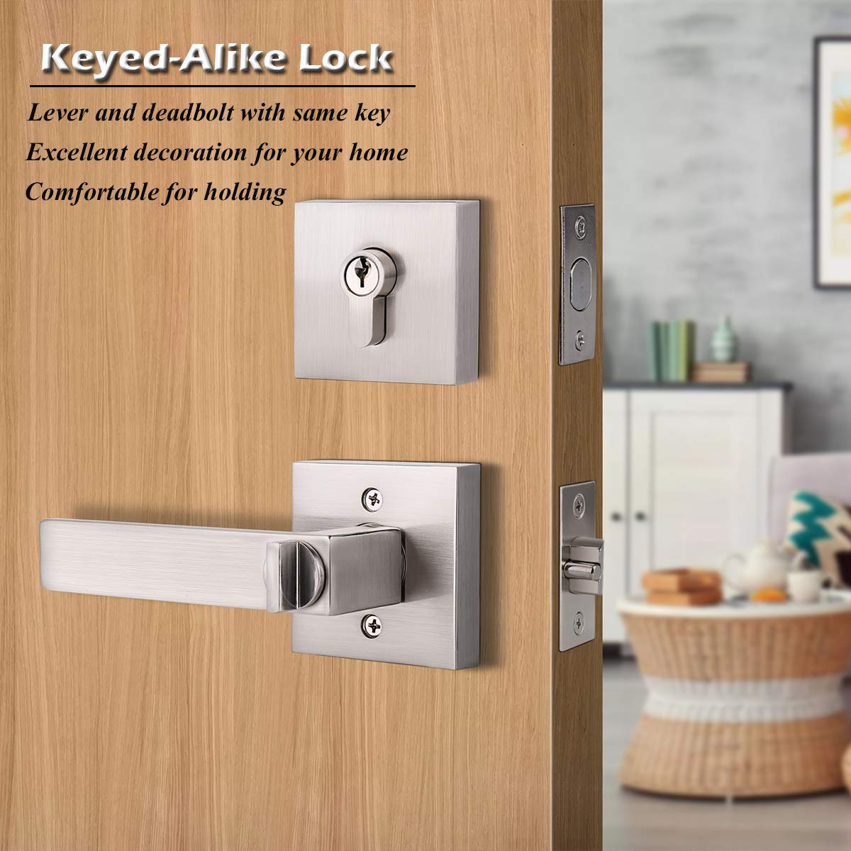 Gobrico Satin Nickel Door Handle & Deadbolt Lockset - Secure Front Entry for Homes