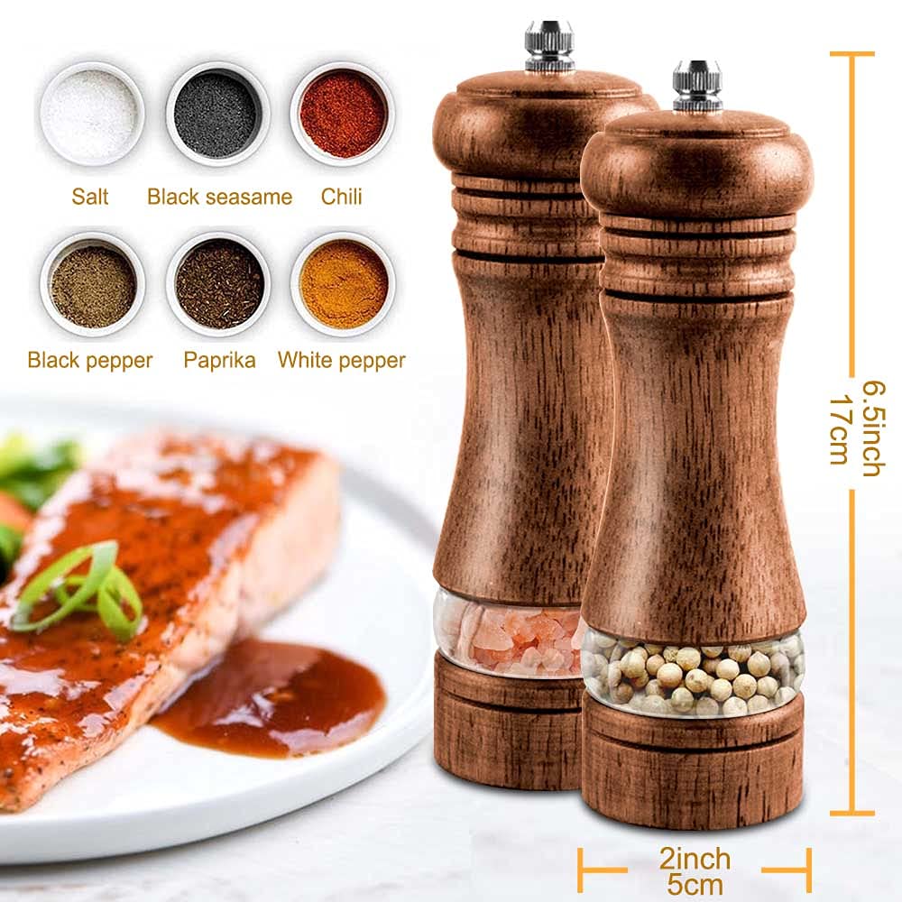 Premium Adjustable Ceramic Salt and Pepper Grinder Set - 6.5 Inch Manual Wooden Mill with Coarse to Fine Grinding - Perfect for Kitchen, Dining Table & Outdoor BBQ (2 Pack)