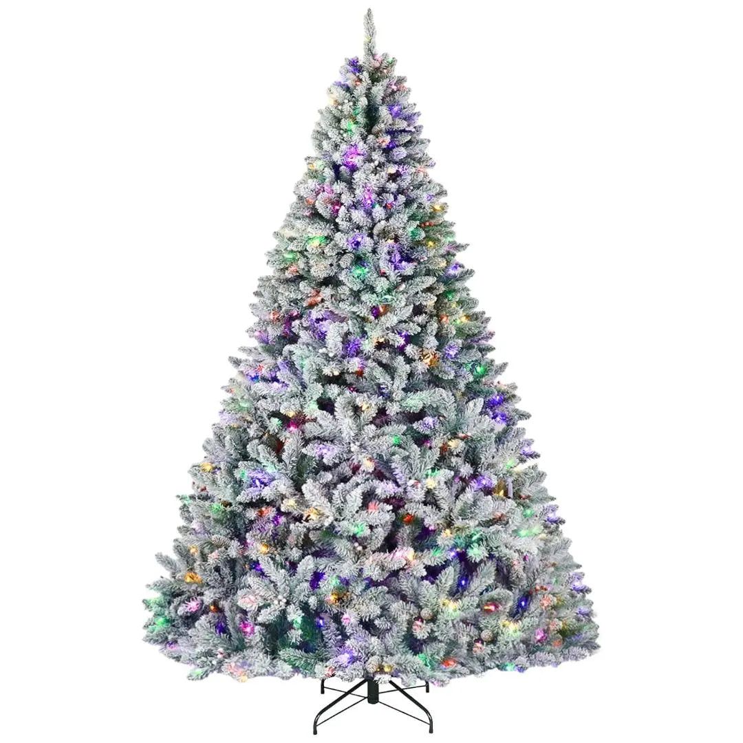 6.5'/7.5'/9' Pre-Lit Snow Flocked Artificial Christmas Tree with Pine Cones & Berries - Color Changing LED Lights, Hinged Branches & Metal Stand - 10 Lighting Modes for Holiday Home Decor, Living Room & Office Celebration