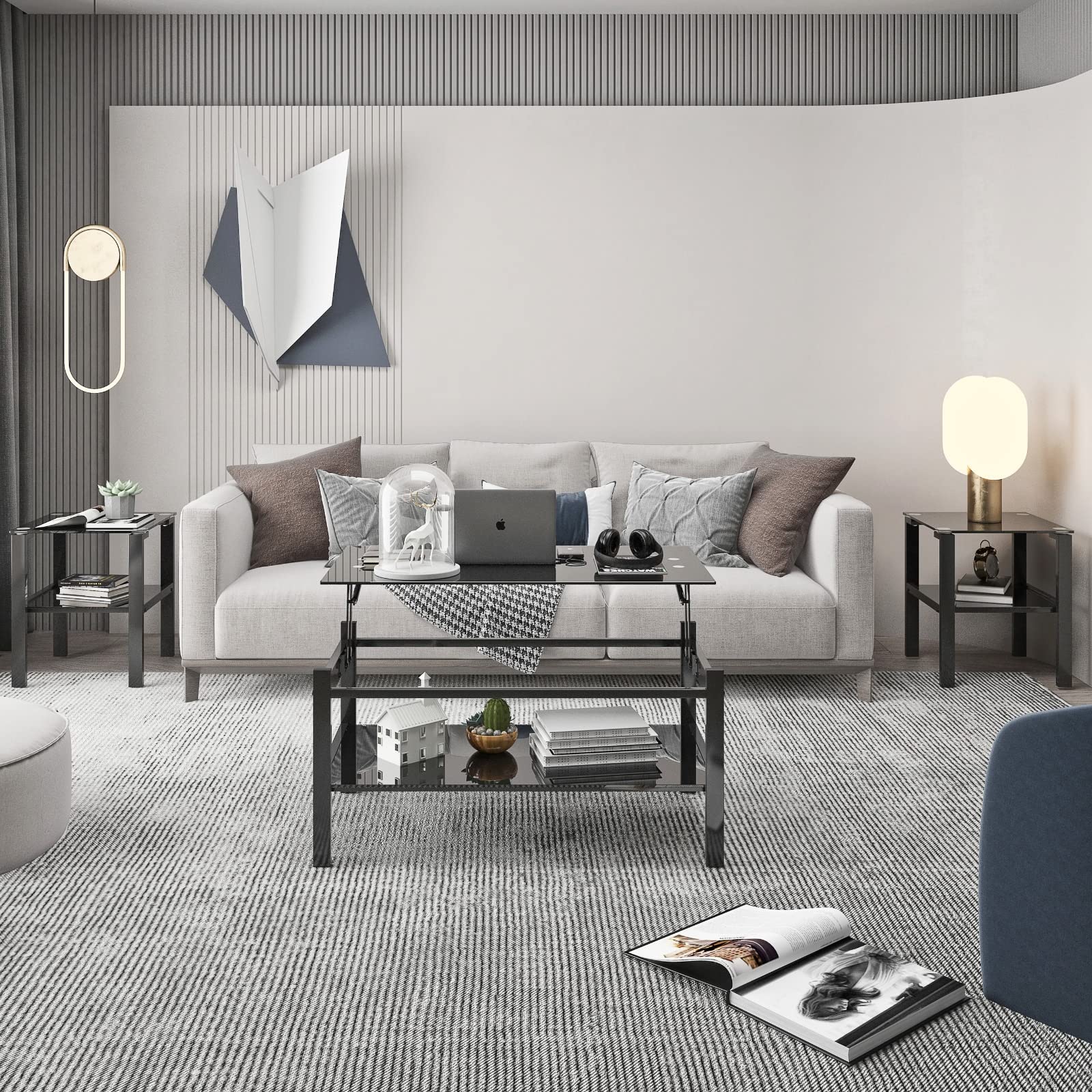 Lift Top Coffee Table Set of 3 Pieces - Black Glass Modern Living Room Furniture with Storage, Coffee Table & End Tables - Perfect for Small Spaces, Apartments & Home Decor