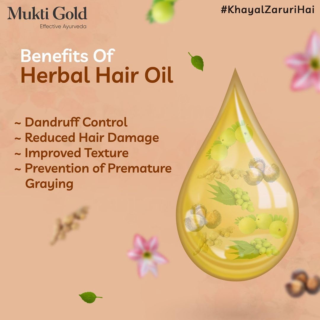 Axiom Mukti Gold Herbal Hair Oil - 200mL | Natural Hair Growth Treatment for Hair Loss & Dandruff Control | Enriched with Almond, Rose, Neem & Lemon Extracts | 100% Organic Ayurvedic Hair Care | Certified Safe | Perfect for Daily Scalp Massage & Damaged Hair Repair