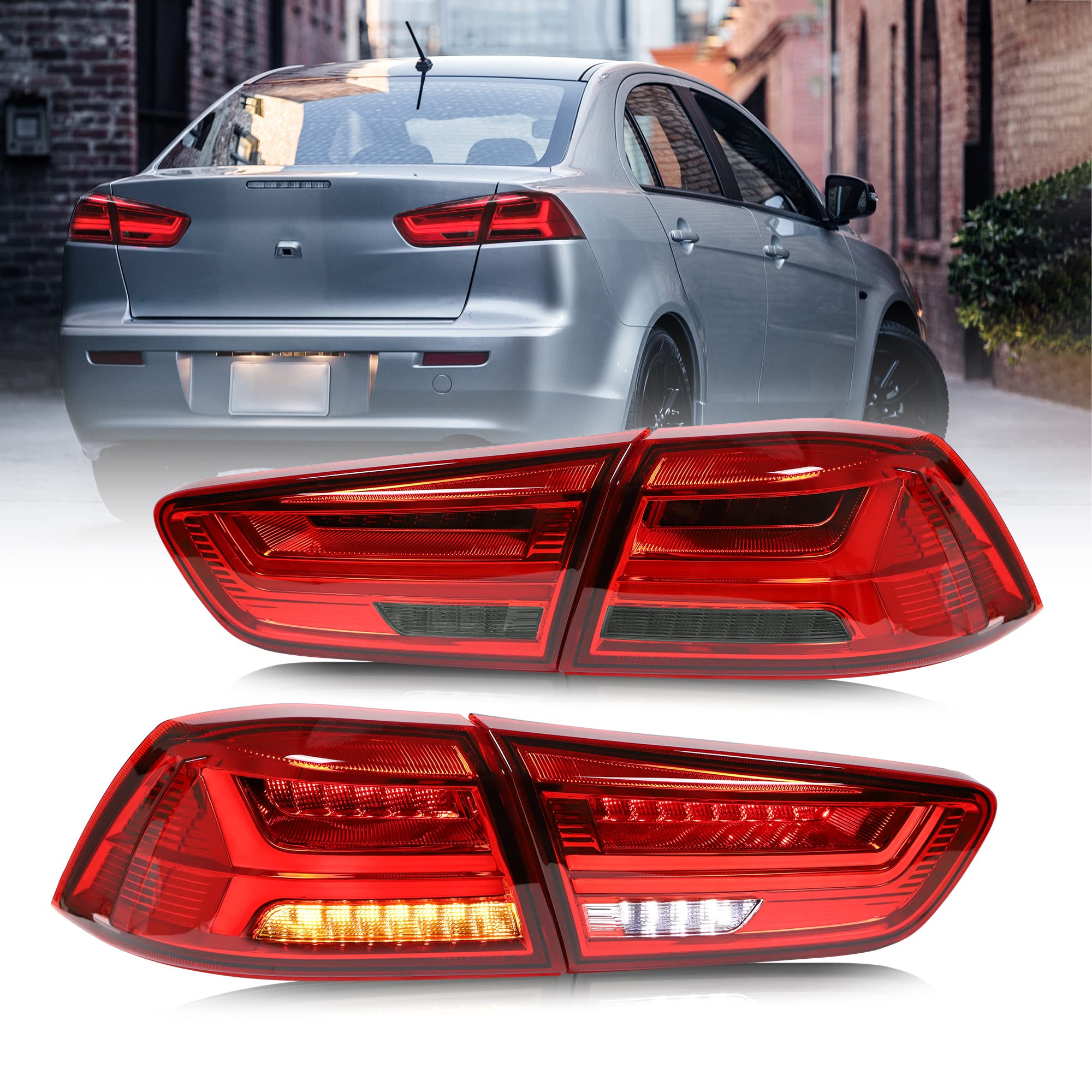VLAND LED Red Smoke Tail Lights Assembly for Mitsubishi Lancer & EVO X 2008-2018 - Sequential Turn Signal, Durable Replacement Rear Lamps - Perfect for Night Driving & Car Customization