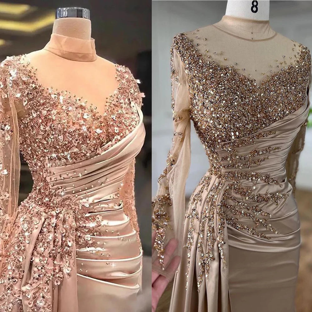 Elegant Rose Gold Long Sleeve High Neck Mermaid Evening Dress with Detachable Skirt - Women's Formal Gown for Prom, Wedding, Red Carpet & Special Occasions