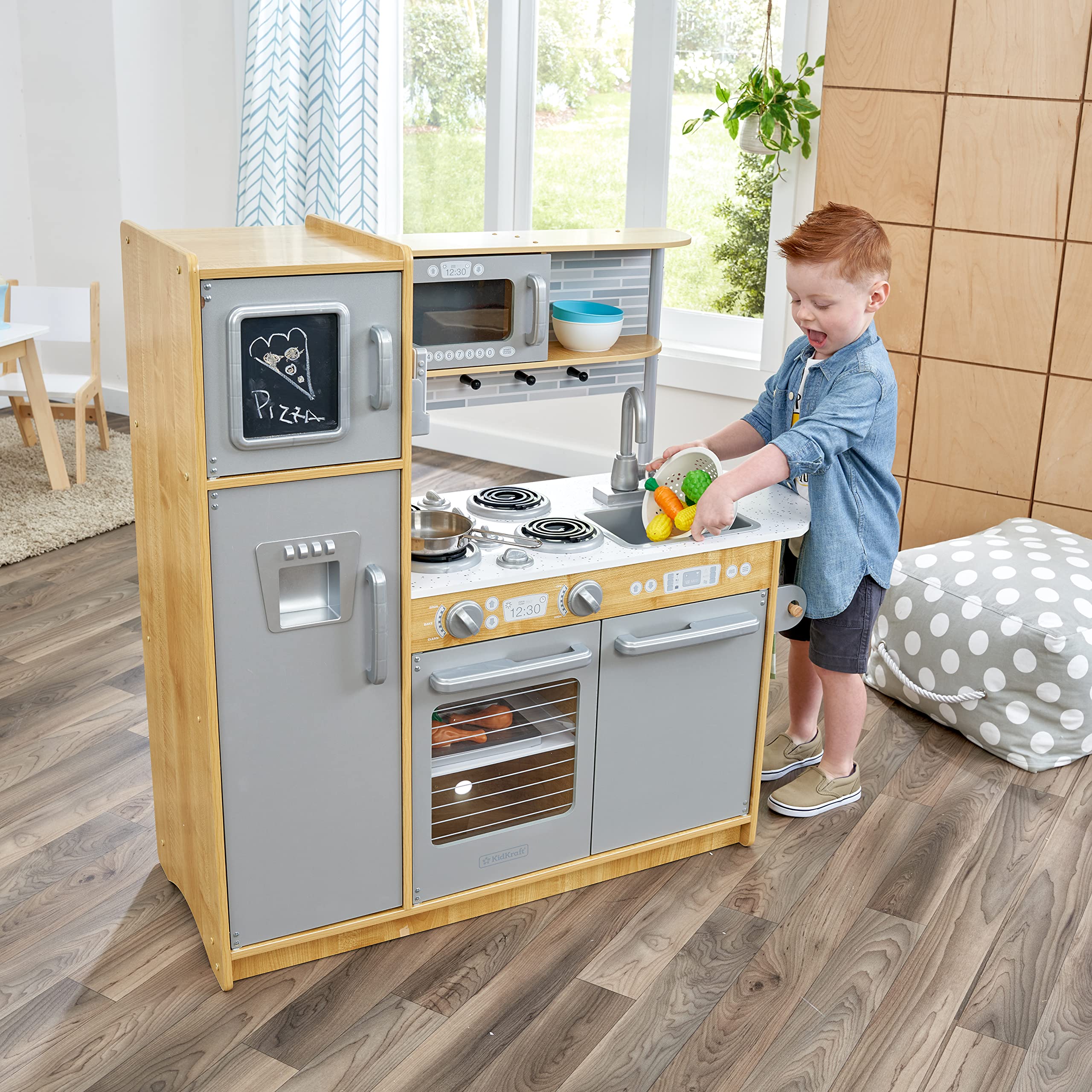 KidKraft Uptown Natural Wooden Play Kitchen Set with Play Phone, Chalkboard & Towel Rack - Pretend Cooking Toy for Kids Ages 3+ | Perfect for Imaginative Play, Preschool Learning & Birthday Gifts
