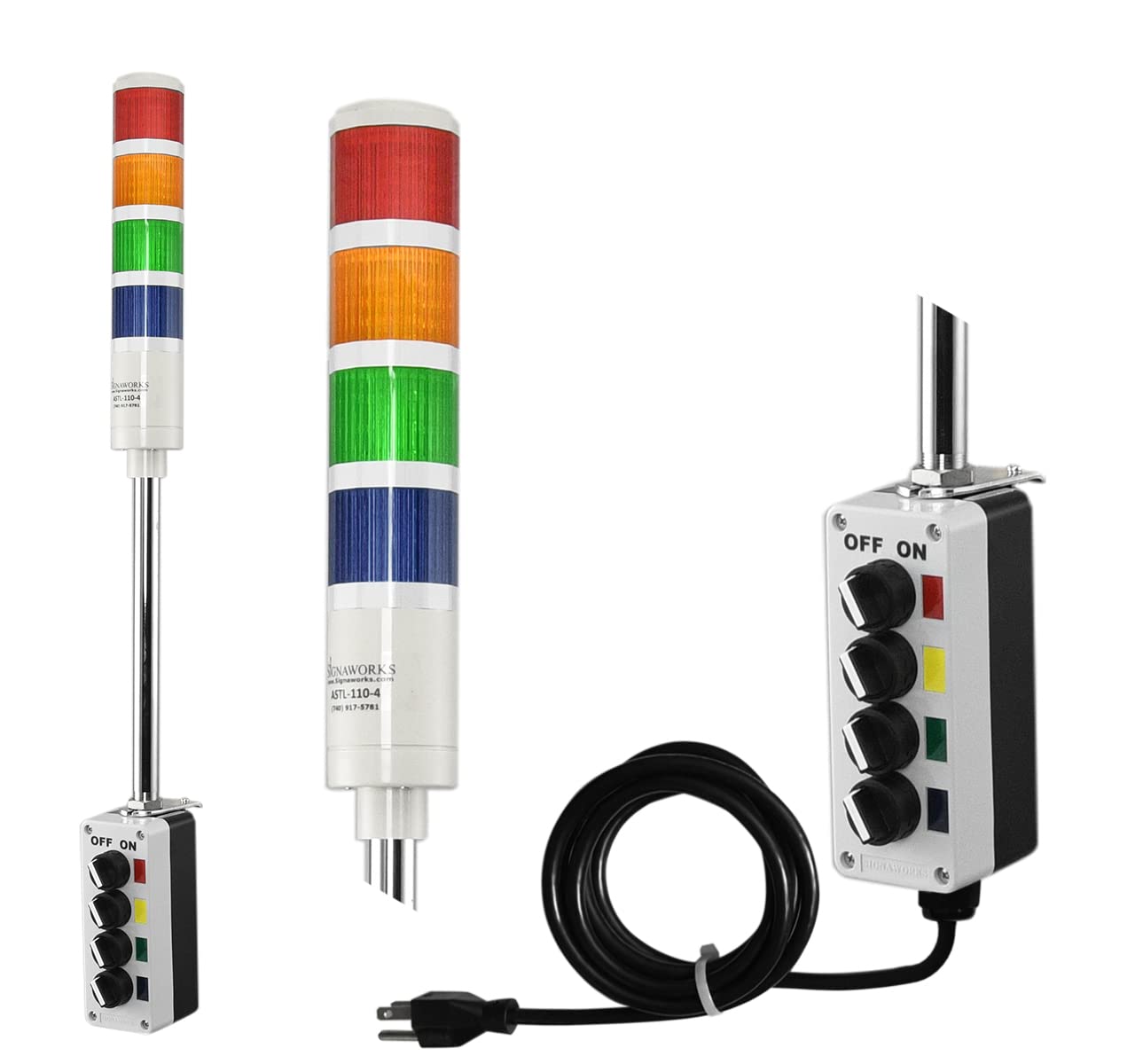 Signaworks 4 Stack Super Bright LED Andon Tower Light - Red/Amber/Green/Blue with 8ft Industrial Power Cord | OSHA Compliant, Plug & Play Ready (Made in USA) | Perfect for Factory Assembly Lines, Warehouse Monitoring & Equipment Status Alerts