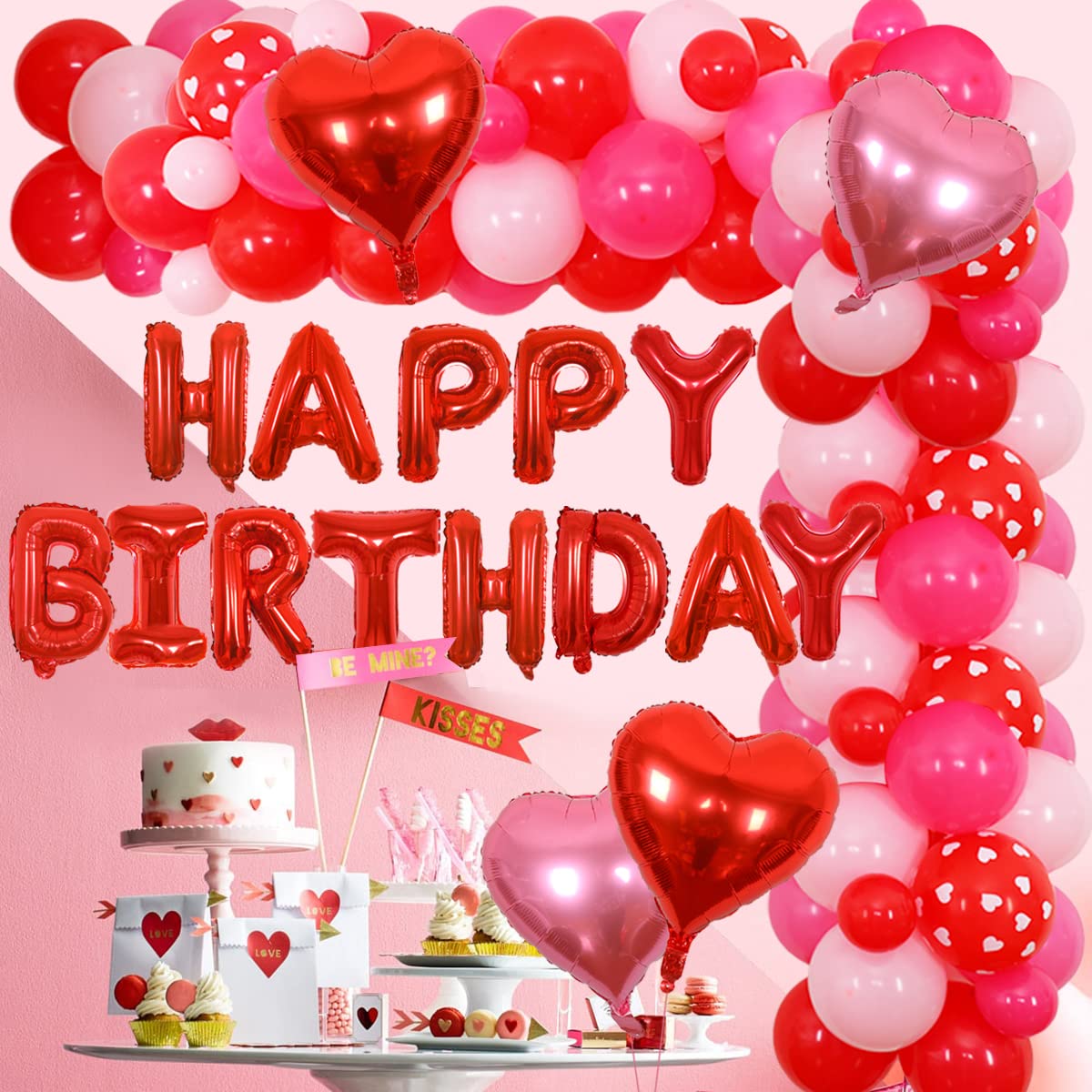 Valentine's Day Birthday Balloon Garland Kit - Red & Pink Heart Balloons, Happy Birthday Banner, Party Decorations for Valentine's Day, Anniversary, Bridal Shower & Romantic Home Decor