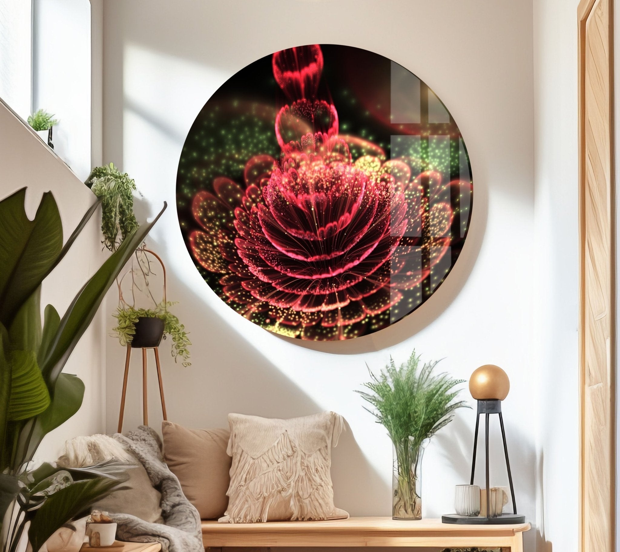 Abstract Red Flower Glass Wall Art - Modern Home Decor for Living Room, Bedroom & Office - Elegant Handmade Glass Painting for Unique Interior Design