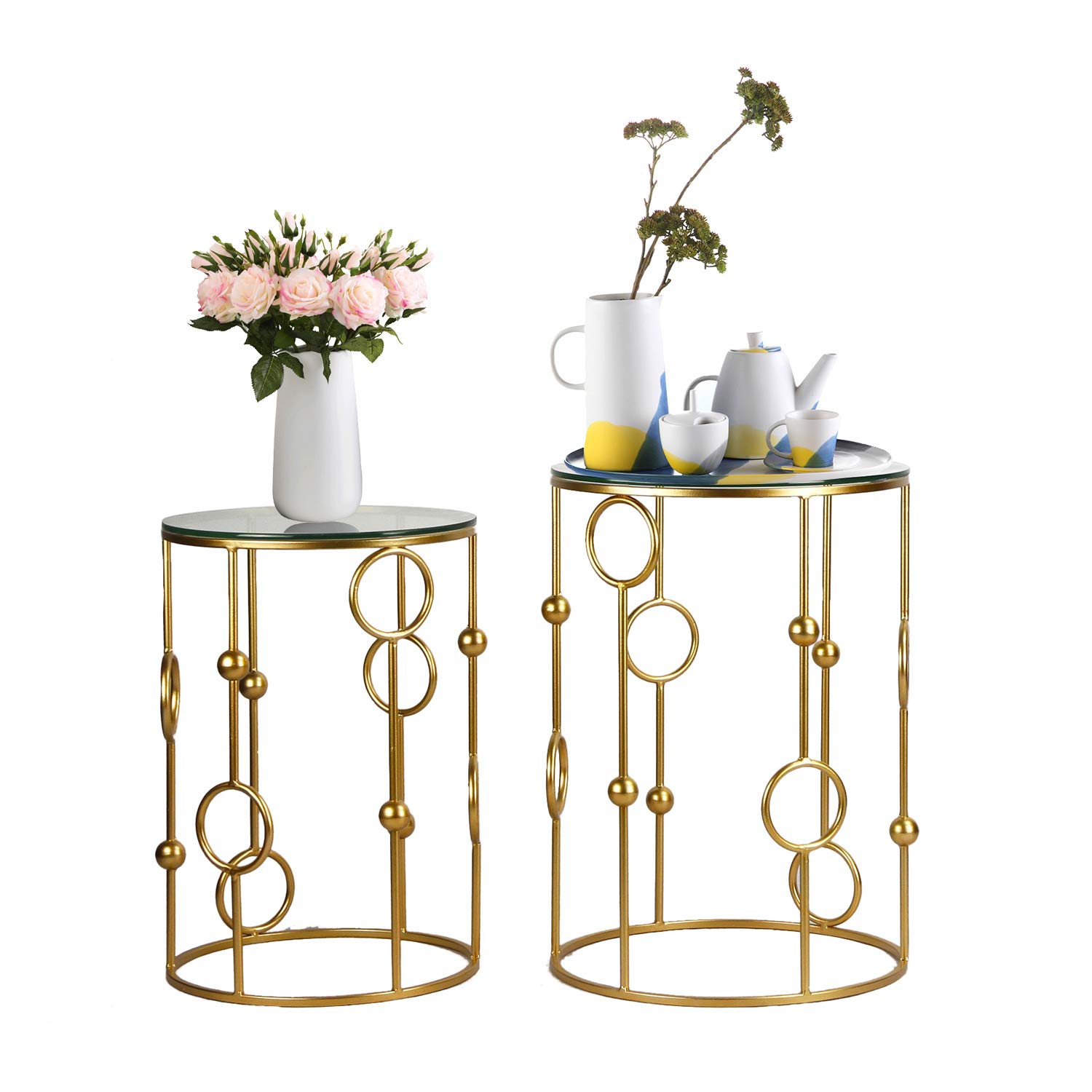 Joveco Round End Tables Set of 2 - Modern Gold Nightstands & Coffee Tables for Living Room, Bedroom, Patio - Indoor Outdoor Side Tables with Decorative Metal Base (Gold) | Perfect for Small Spaces, Home Decor & Outdoor Entertaining