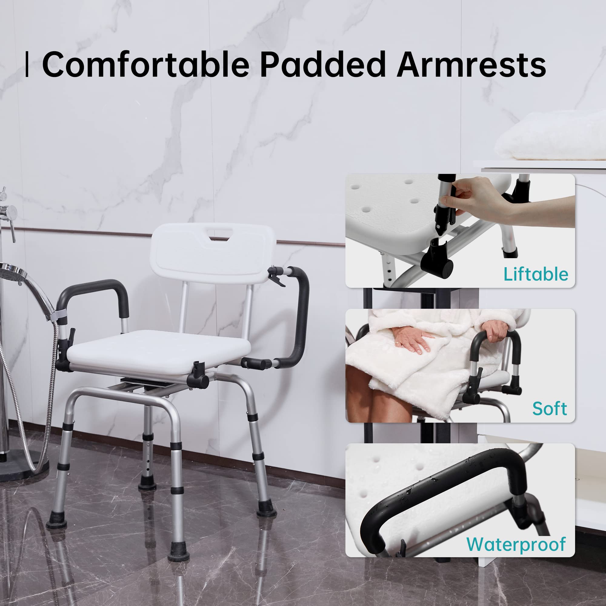 ELENKER Adjustable Swivel Shower Chair with Liftable Armrests & Backrest - Medical Grade Rotating Bath Seat for Elderly & Disabled - Perfect for Bathroom Safety & Mobility Assistance