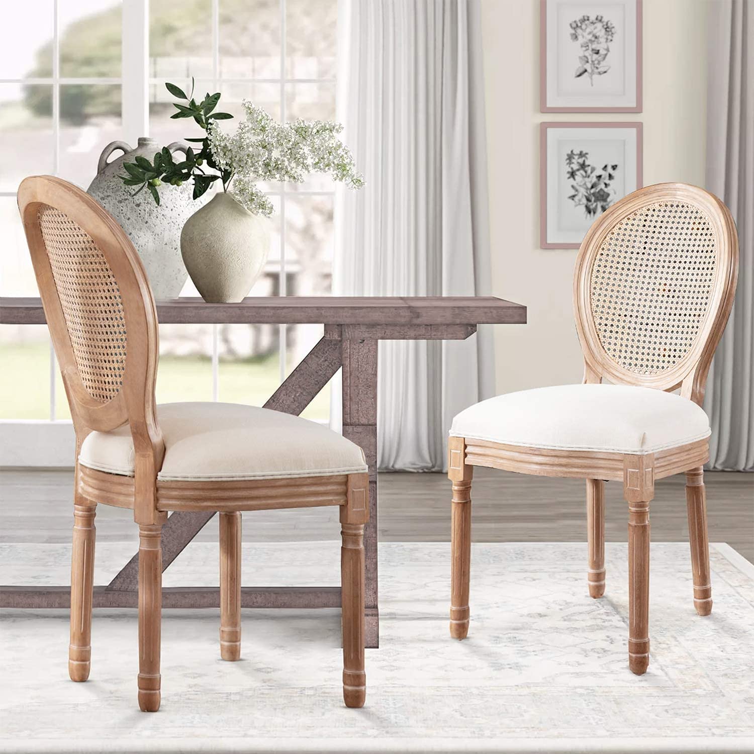 French Country Dining Chairs Set of 2 - Vintage Upholstered Wooden Chairs with Beige Linen Fabric - Lightweight Yet Sturdy for Dining Room, Kitchen, Living Room & Bedroom - Perfect for Farmhouse Decor, Cottage Style Homes & Rustic Interior Design