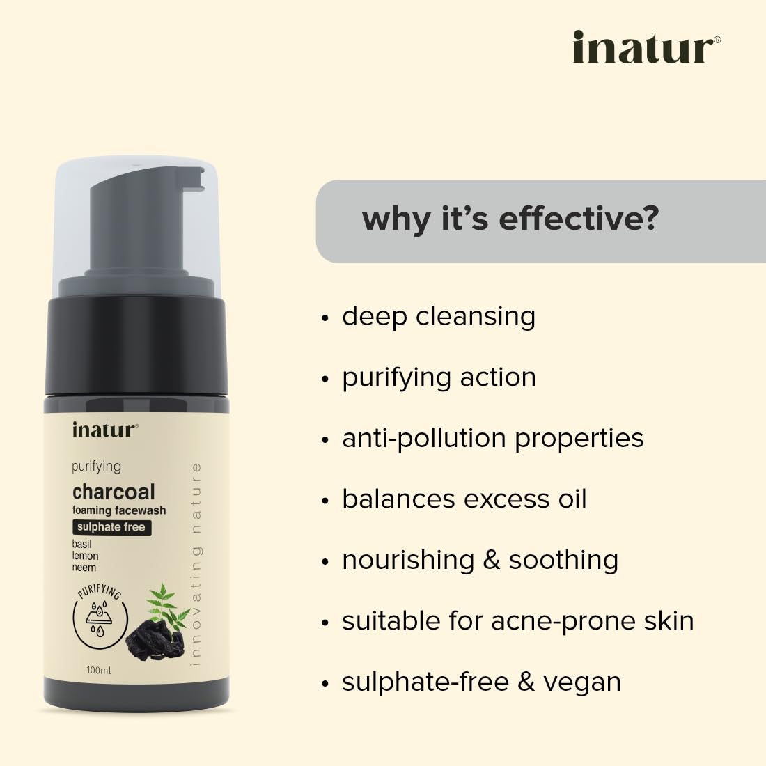 inatur Purifying Charcoal Foaming Face Wash for Acne Prone Skin - Oil Control & Deep Cleansing Facial Cleanser - Detoxifying & Pore Minimizing Formula - Sulfate-Free, Soothing & Nourishing Daily Face Wash (100ml) - Perfect for Morning & Night Skincare Routine