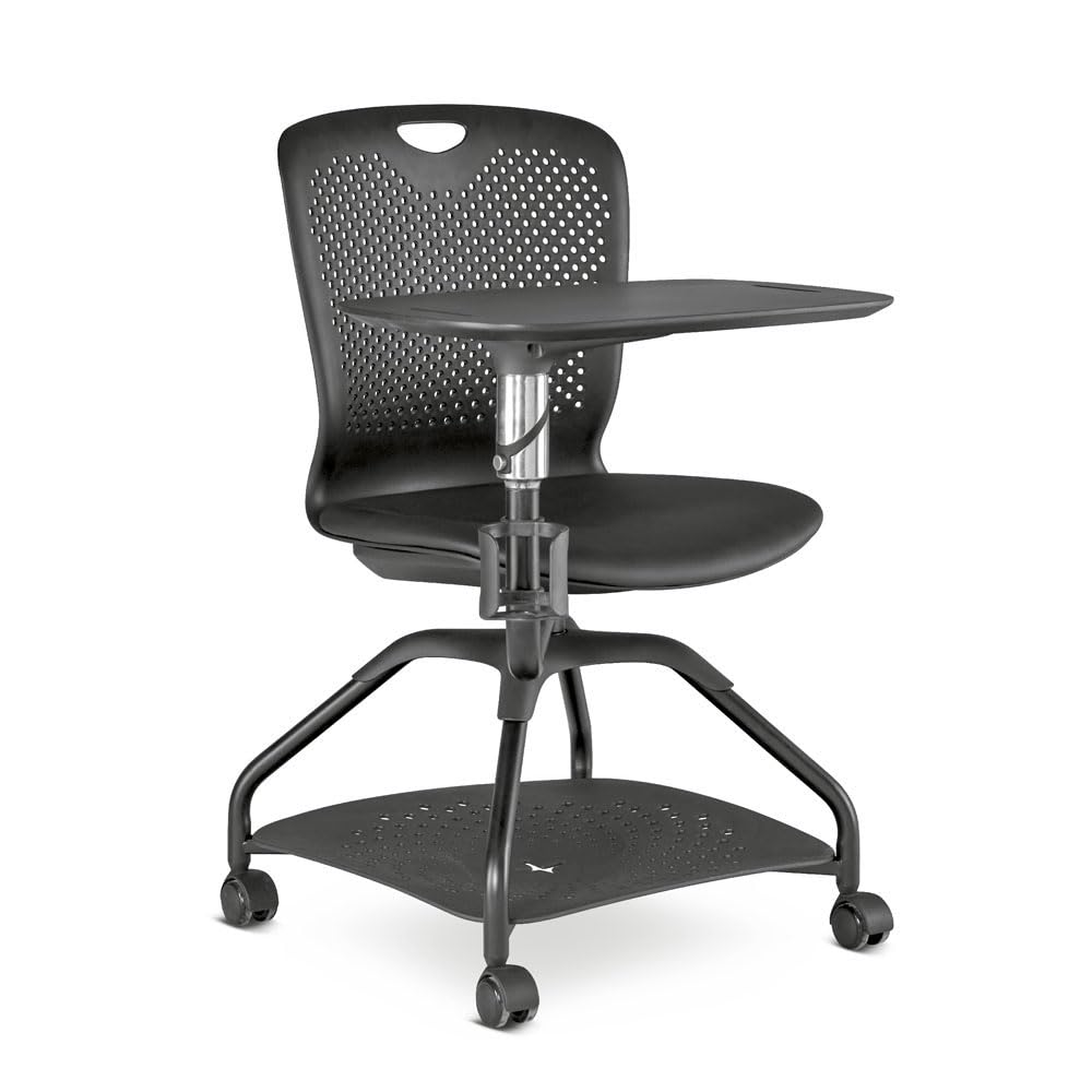 NBF Signature Series Armless Swivel Tablet Chair - White Plastic Back & Ocean Polyurethane Seat - Durable Mobile Office Chair with Adjustable Tablet Arm & Heavy-Duty Steel Frame - Perfect for Classrooms, Home Offices & Study Areas
