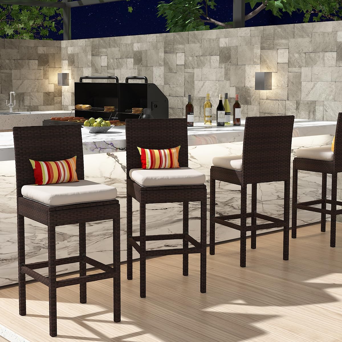 Sundale Outdoor Wicker Bar Stool Set of 4 - 30 Inch Rattan Counter Height Stools with Backrest & Beige Cushions - Brown Steel Frame Patio Furniture for Poolside, Deck, or Outdoor Dining Areas
