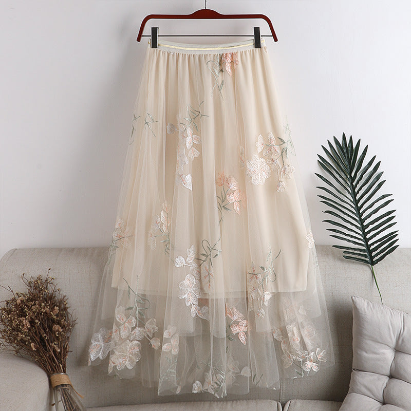 Embroidered Floral Mesh Fluffy Midi Skirt for Women - Elegant Boho Style Skirt with Floral Embroidery for Spring & Summer - Perfect for Casual Outings, Beach Vacations, and Date Nights