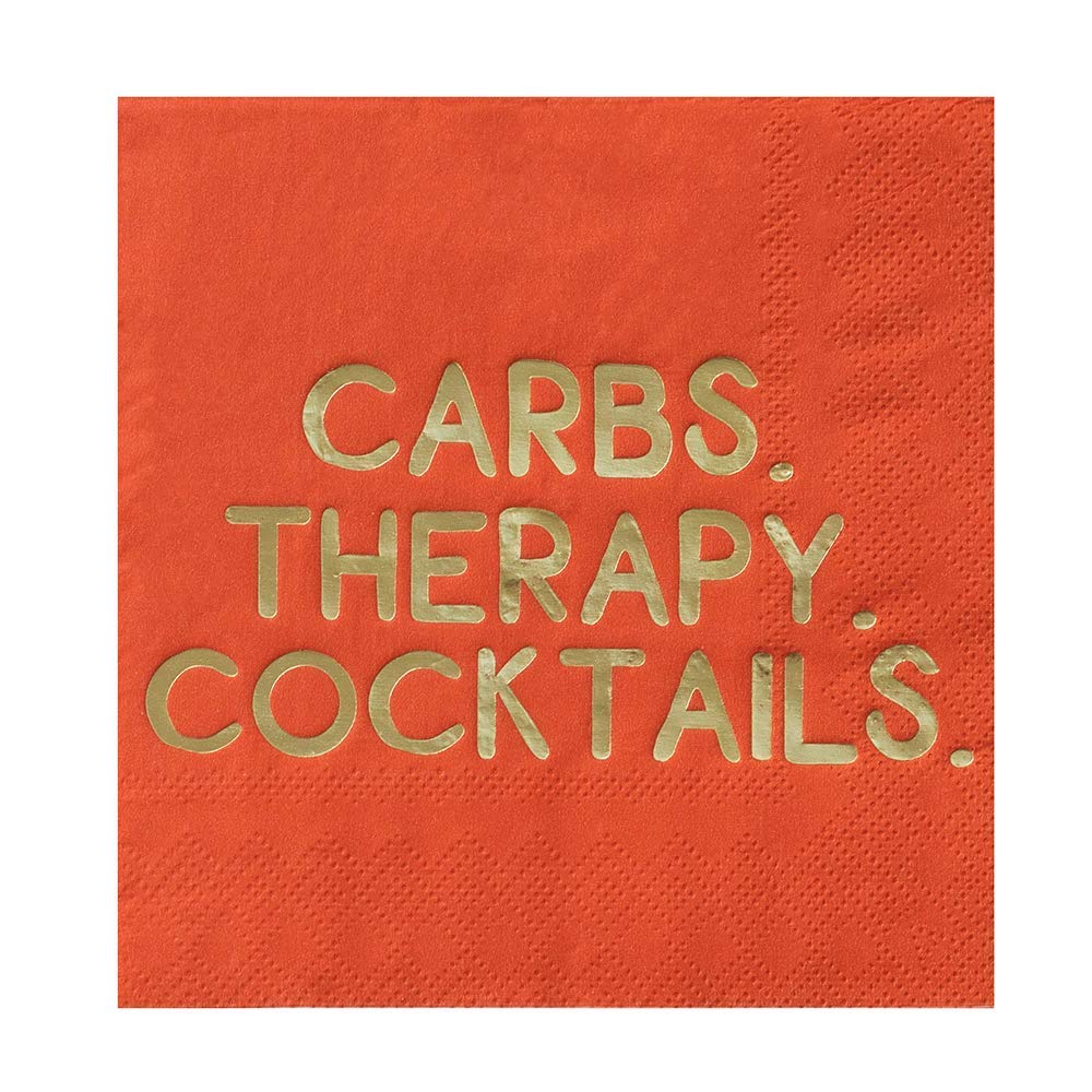 Funny Cocktail Napkins - Carbs, Therapy, Cocktails - Perfect for Parties, Bars & Gifts - 50-Pack Premium Quality Paper Drink Napkins