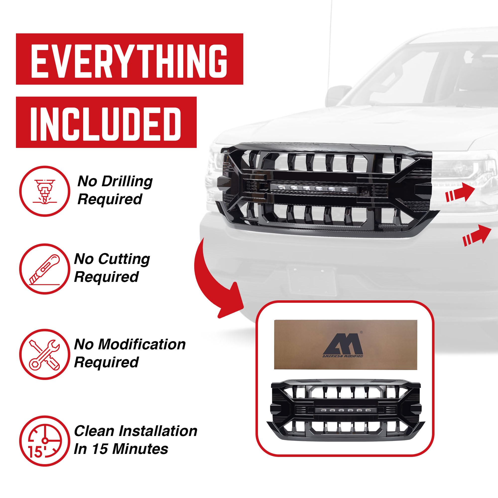 2016-2019 Chevrolet Silverado 1500 Off-Road Grille with LED Lights | Gloss Black Heavy Duty Front Bumper Guard | Perfect for Truck Modifications & Night Driving