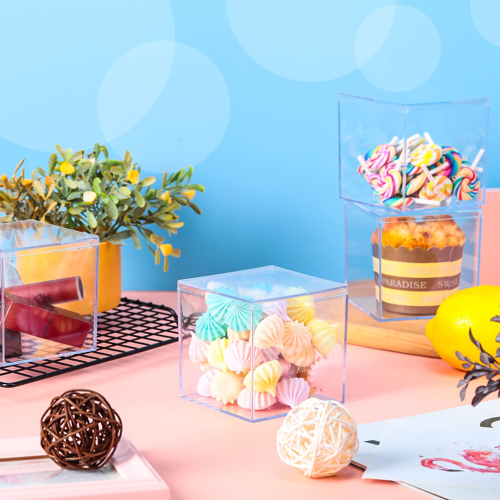 Yulejo 30-Pack Clear Acrylic Storage Boxes with Lids - 3.3 x 3.3 x 3.3 Inch Square Plastic Organizer Containers for Candy, Jewelry, Crafts, Office & Home Organization - Stackable Display Boxes for Retail, Beads, Makeup & Small Items Storage