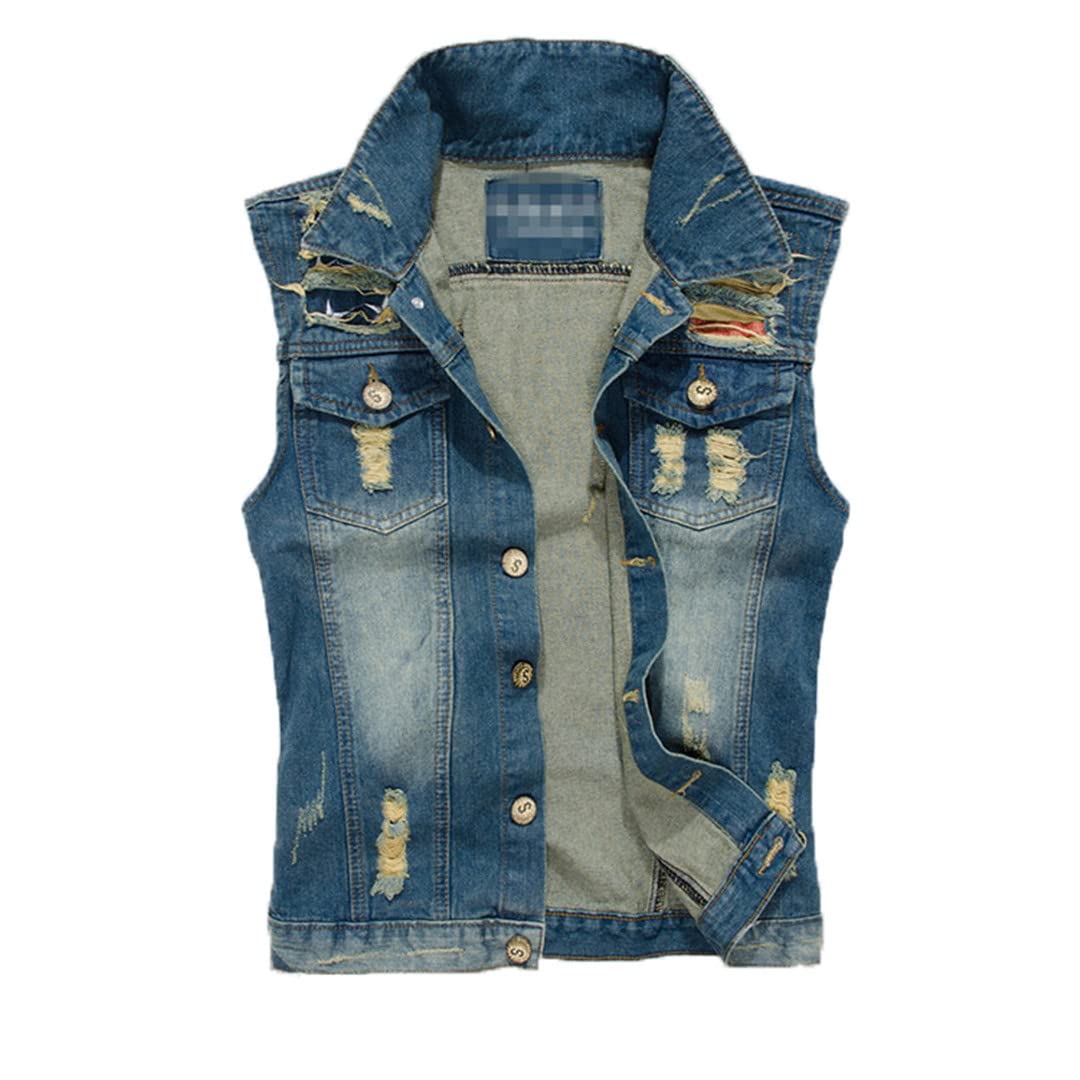 Men's Black Denim Vest - Sleeveless Motorcycle Style Waistcoat with Rock-Inspired Hole Details | Perfect for Biker Outfits, Cowboy Looks & Casual Streetwear