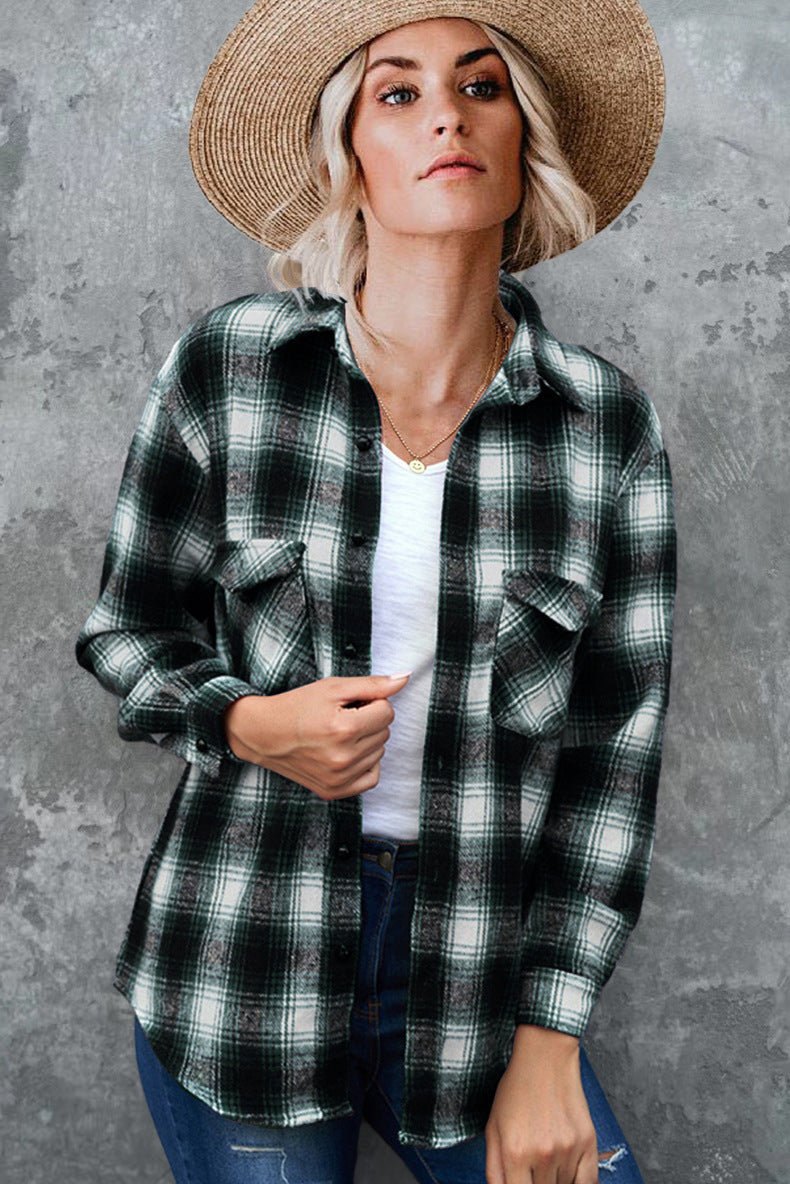 Women's Plaid Shirt Spring Loose Fit Mid-Length Blouse with Turndown Collar - Casual Outfit for Work, Dating & Everyday Wear