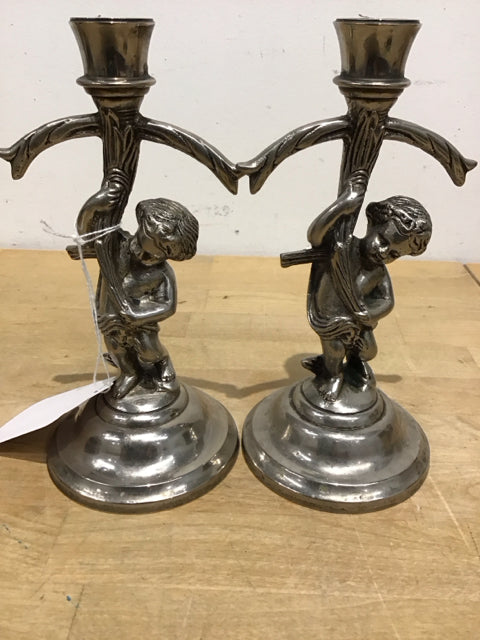 Vintage Silver Cherub Candle Holders - Set of 2, Angel Figurine Candleholders for Wedding, Home Decor, Romantic Dinner & Holiday Centerpiece
