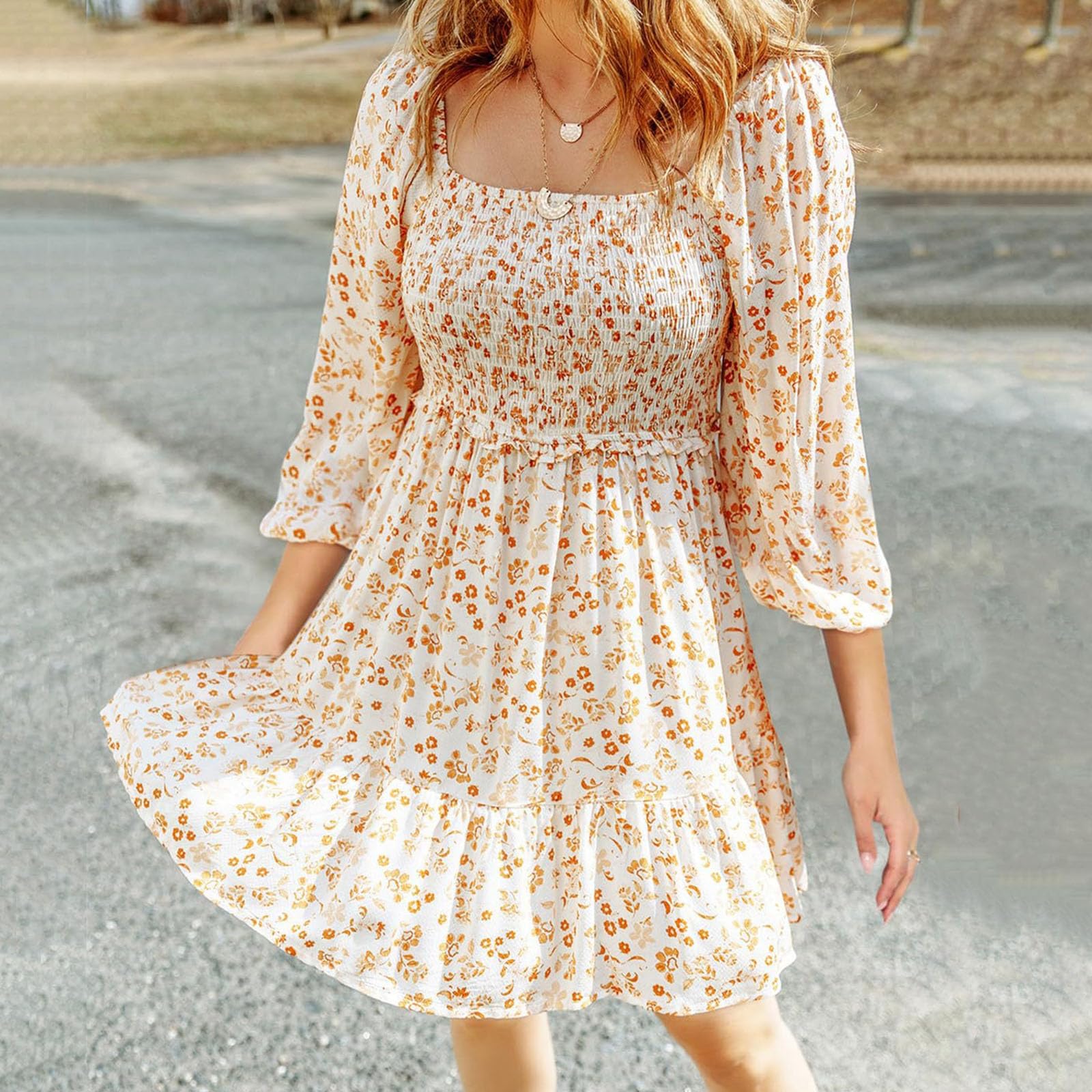 Boho Floral Dress for Women - 3/4 Sleeve Casual Ruffle Swing Dress with Square Neck & Smocked Waist | Perfect for Summer Outfits, Beach Vacations & Boho Chic Style