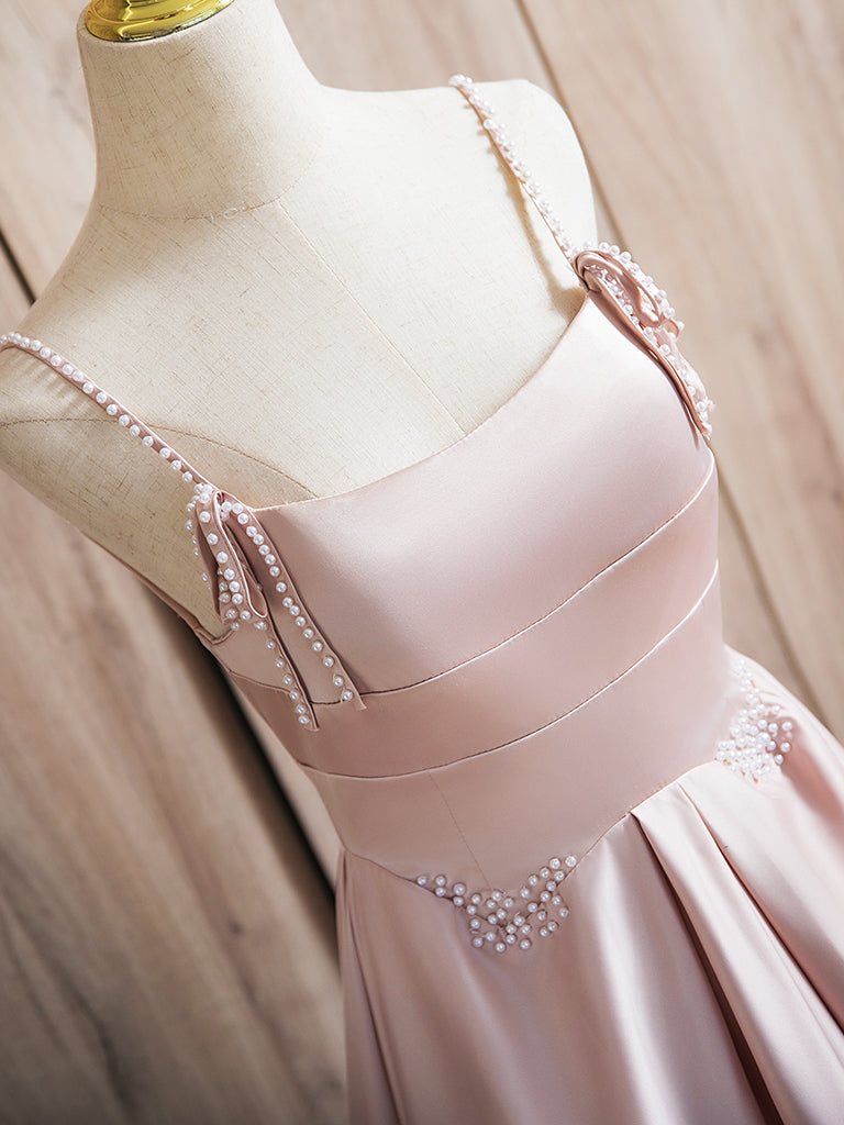 Elegant A-Line Beaded Satin Pink Long Prom Dress for Women - Formal Evening Gown for Homecoming, Wedding Guest & Special Occasions