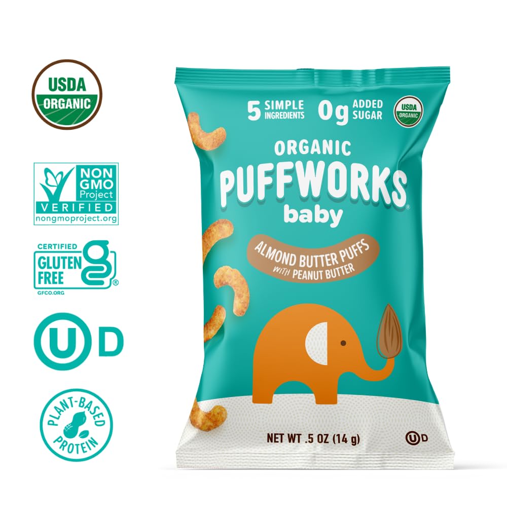 Organic Almond Butter Puffs for Babies with Peanut Butter - Plant-Based Protein Snack, USDA Organic, Gluten-Free, Vegan, Non-GMO, Kosher - 0.5oz (12 Pack) - Perfect for On-the-Go Snacking & Toddler Lunchboxes