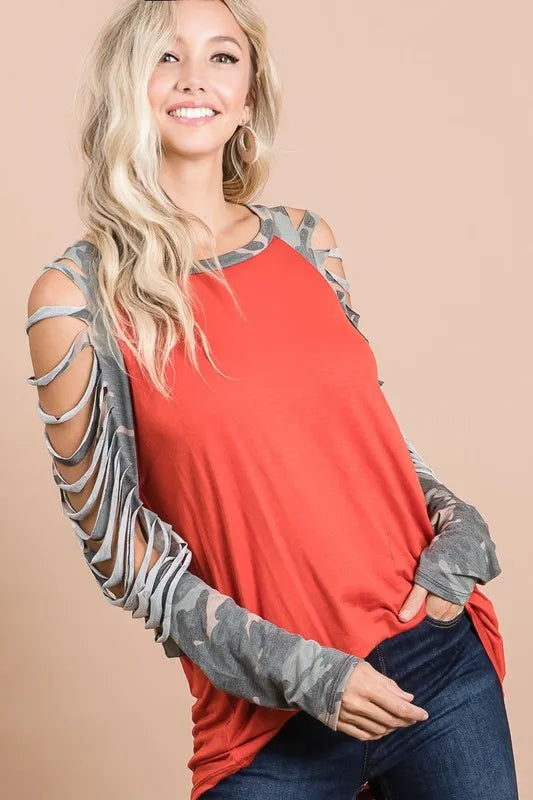 BiBi Jersey Knit Top with Camouflage Laser Cut Sleeves - Women's Fashion Casual T-Shirt for Streetwear & Everyday Outfits