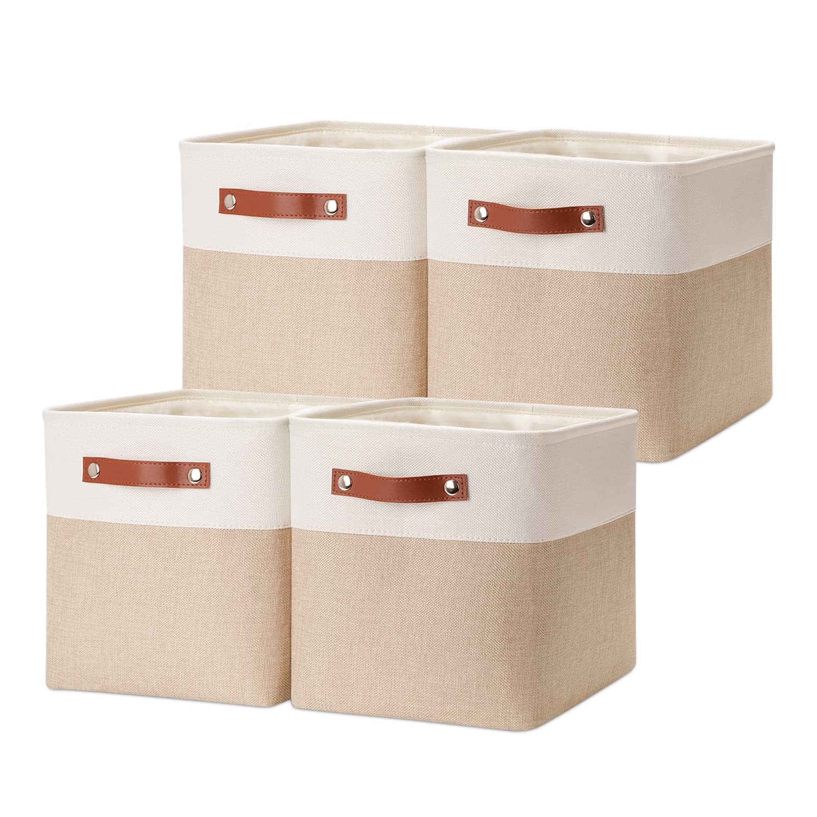 HNZIGE Foldable Storage Baskets 4 Pack - 12x12 Cube Organizer Bins for Shelves, Closet, Home & Office Organization - White & Beige Fabric Storage Boxes with Handles | Perfect for Bedroom, Nursery, Pantry & Toy Storage