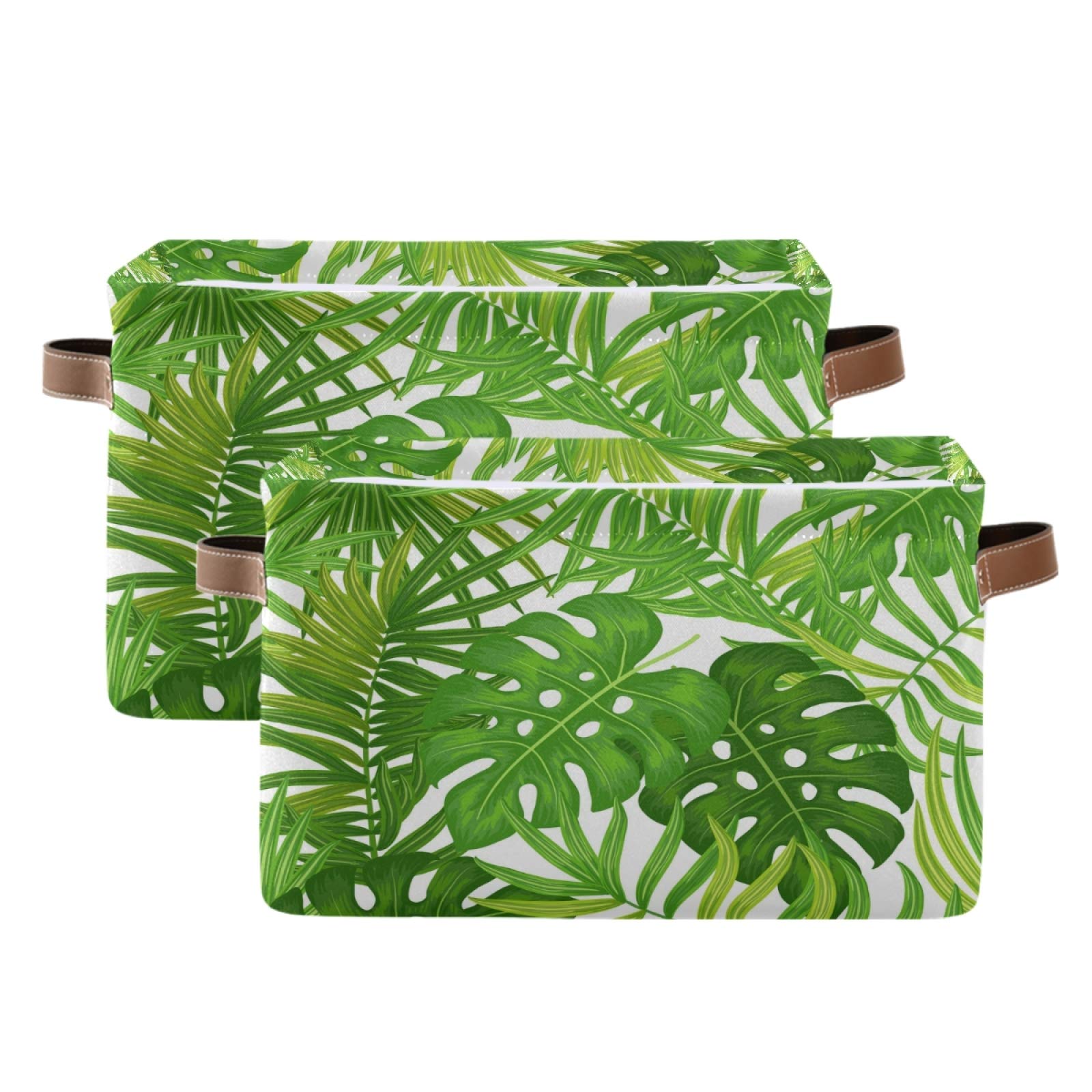 AUUXVA Collapsible Storage Basket with Handles - Tropical Palm Tree & Monstera Leaf Pattern Canvas Organizer Bin for Toys, Clothes & Home Decor | Perfect for Bedroom, Closet, Shelf & Office Organization