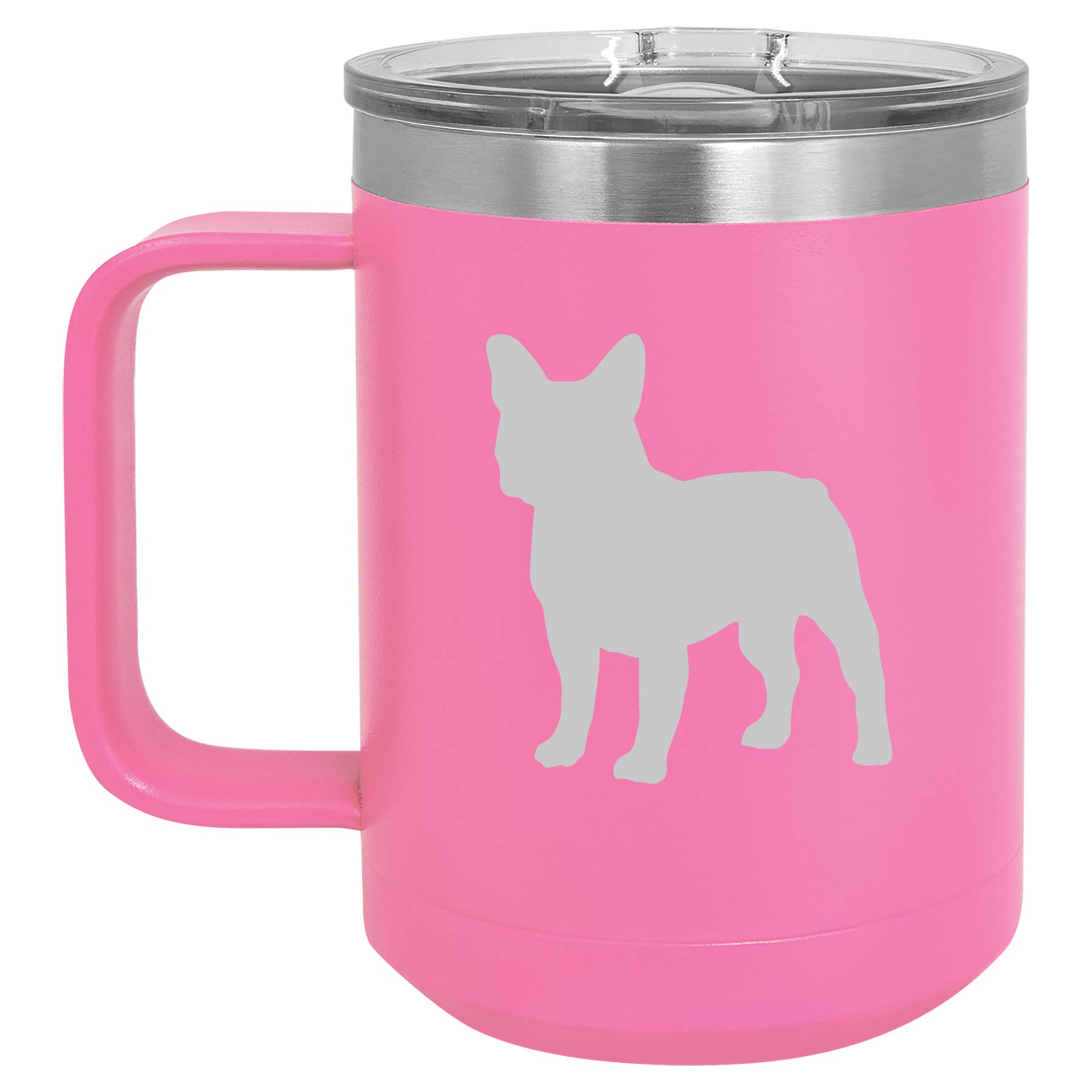 15 oz Vacuum Insulated Stainless Steel Tumbler with Handle & Lid - French Bulldog Design (Hot Pink) | Leakproof Travel Coffee Mug for Hot & Cold Drinks | Perfect for Commuting, Camping and Office Use