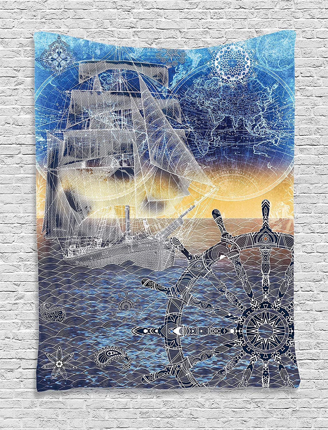Ambesonne Mandala Tapestry - Blue Yellow Nautical Wall Art with Explorer Ship and World Map Design - 40