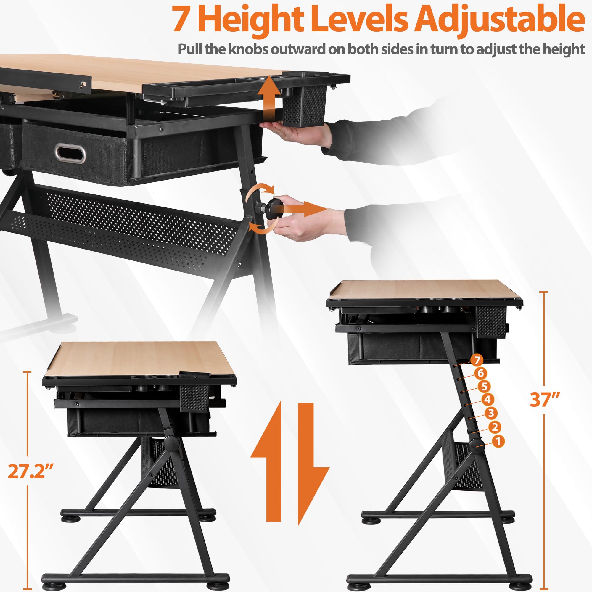 Adjustable Drafting Table with Power Outlet - Tilting Art & Craft Desk with Stool, 2 Storage Drawers - Height Adjustable Drawing Table for Artists, Architects, Students - Perfect for Home Office, Studio & Classroom Workspaces