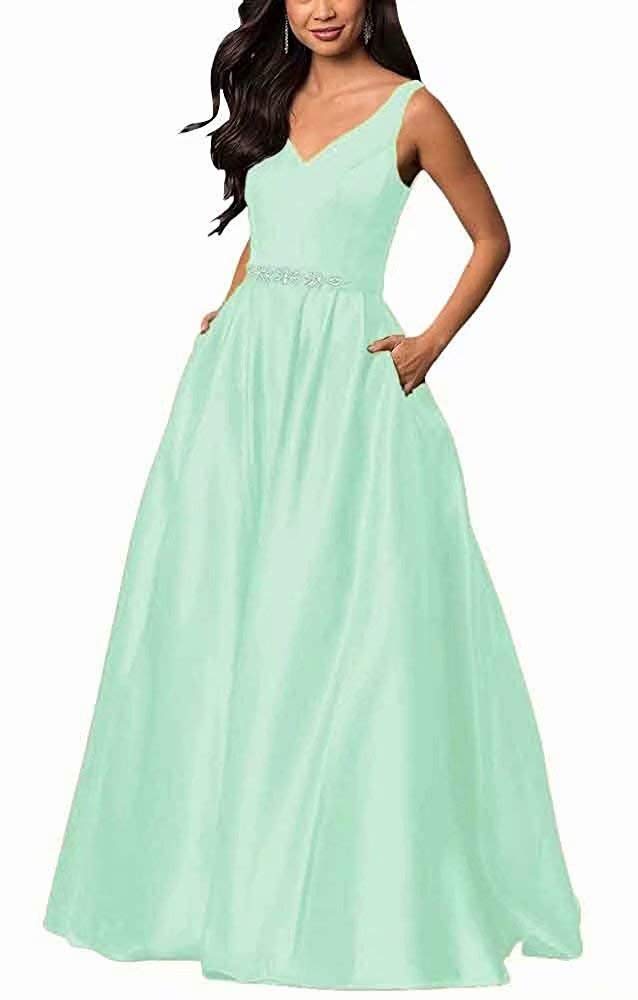Elegant A-Line V-Neck Prom Dress with Lace-Up Back & Pockets for Evening Gala