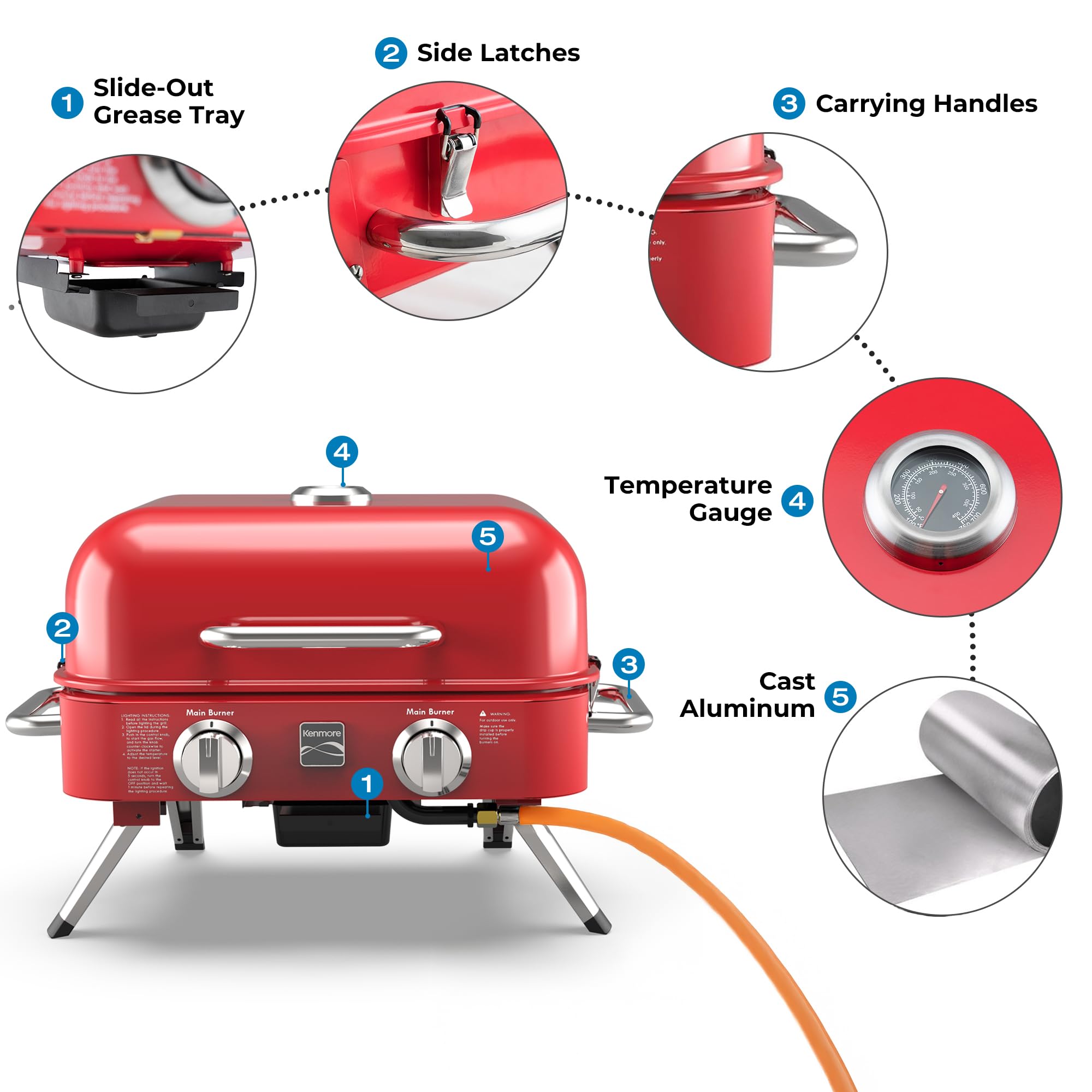 Kenmore Portable Propane Gas Grill - 2 Burner Tabletop BBQ Grill with 14,000 BTUs & Warming Rack, Stainless Steel Outdoor Cooking for Camping, Picnics, Tailgating, and Backyard Parties (Red)