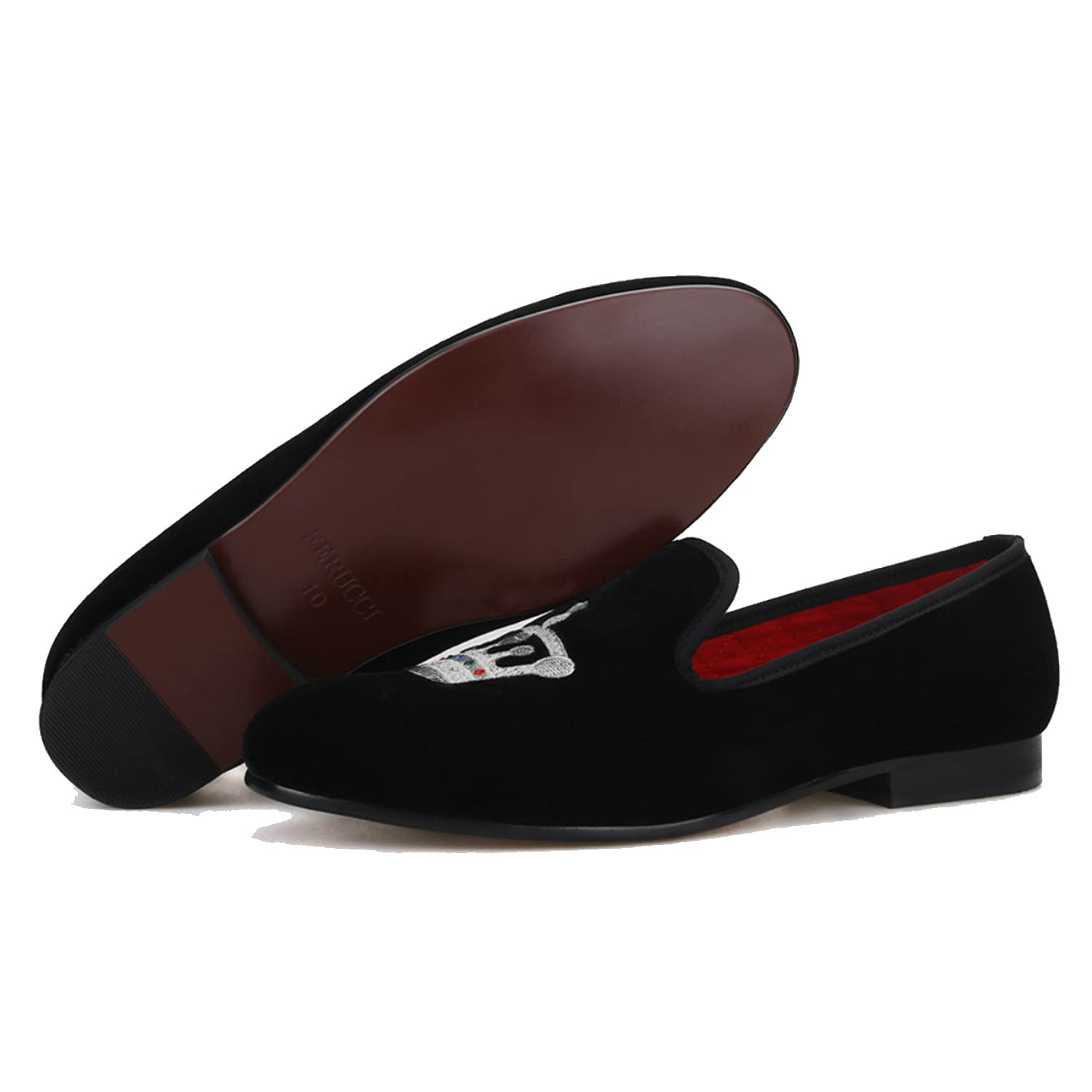 FERUCCI Handmade Men's Black Velvet Loafers with Silver Crown - Comfortable Formal Slippers for Wedding, Prom, Party & Evening Events - Luxury Velvet Dress Shoes for Groomsmen & Special Occasions