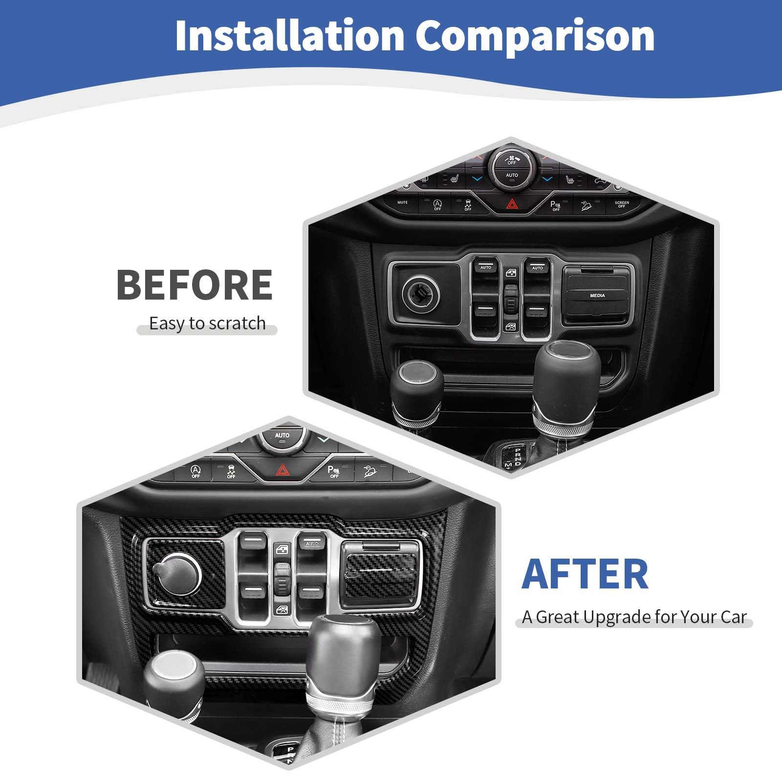 Carbon Fiber Center Dash Switch Panel Trim for Jeep Wrangler JL JLU & Gladiator JT (2018-2024) - 3pc Interior Accessories Kit - Perfect for Off-Roading & Custom Upgrades