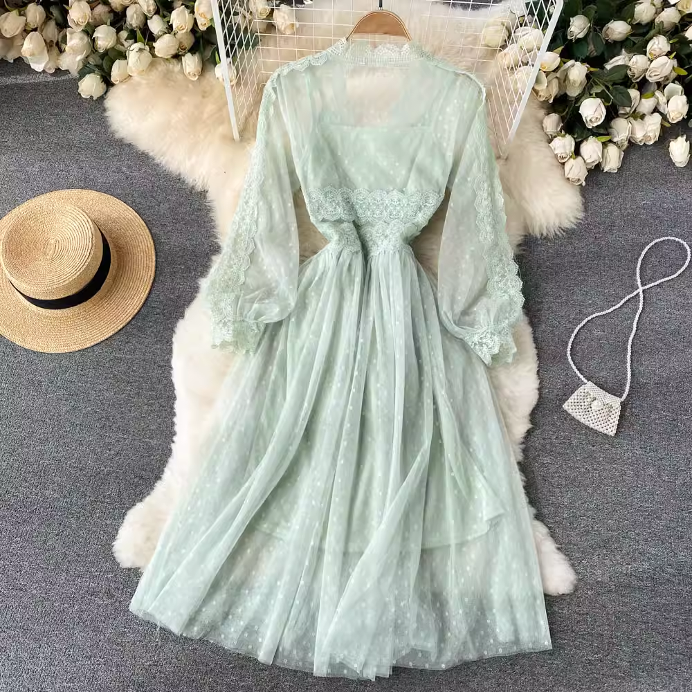 Elegant Lace V-Neck French Fairy Mesh Midi Dress 1162 - Perfect for Weddings, Parties & Special Occasions