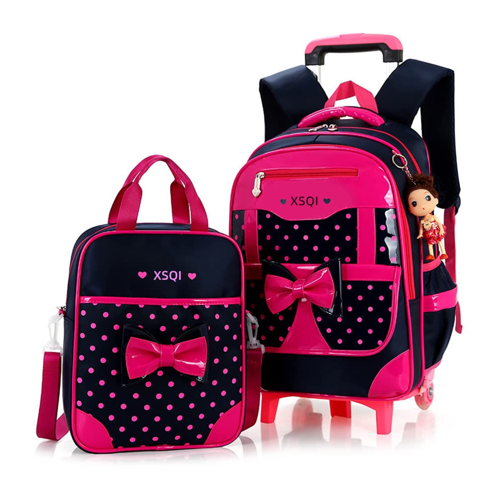 MITOWERMI Rolling Backpack for Girls - Cute Bowknot Wheeled School Bag with Handbag, Trolley Carry-on Travel Luggage for Toddler & Elementary Students | Perfect for School, Travel, and Princess-Themed Outings