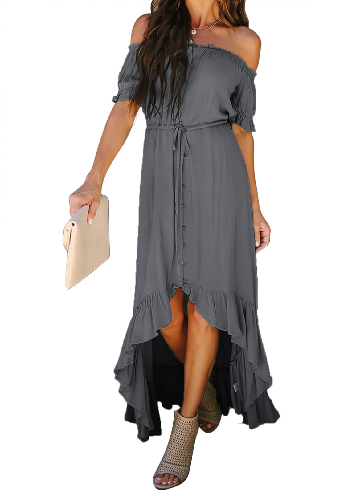 Dokotoo Women's Off Shoulder Casual Short Sleeve Maxi Dress 2022 - High Low Hem Solid Cocktail Skater Dress for Summer Beach Party, Wedding Guest & Vacation Outfits